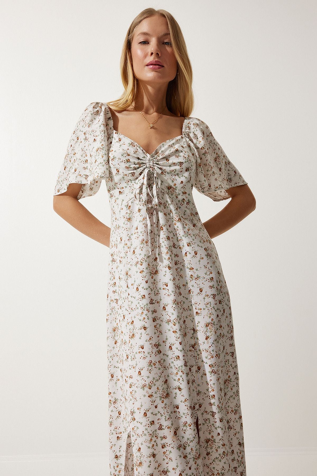 Female ecru slit detailed flywheel viscose dress ub00247