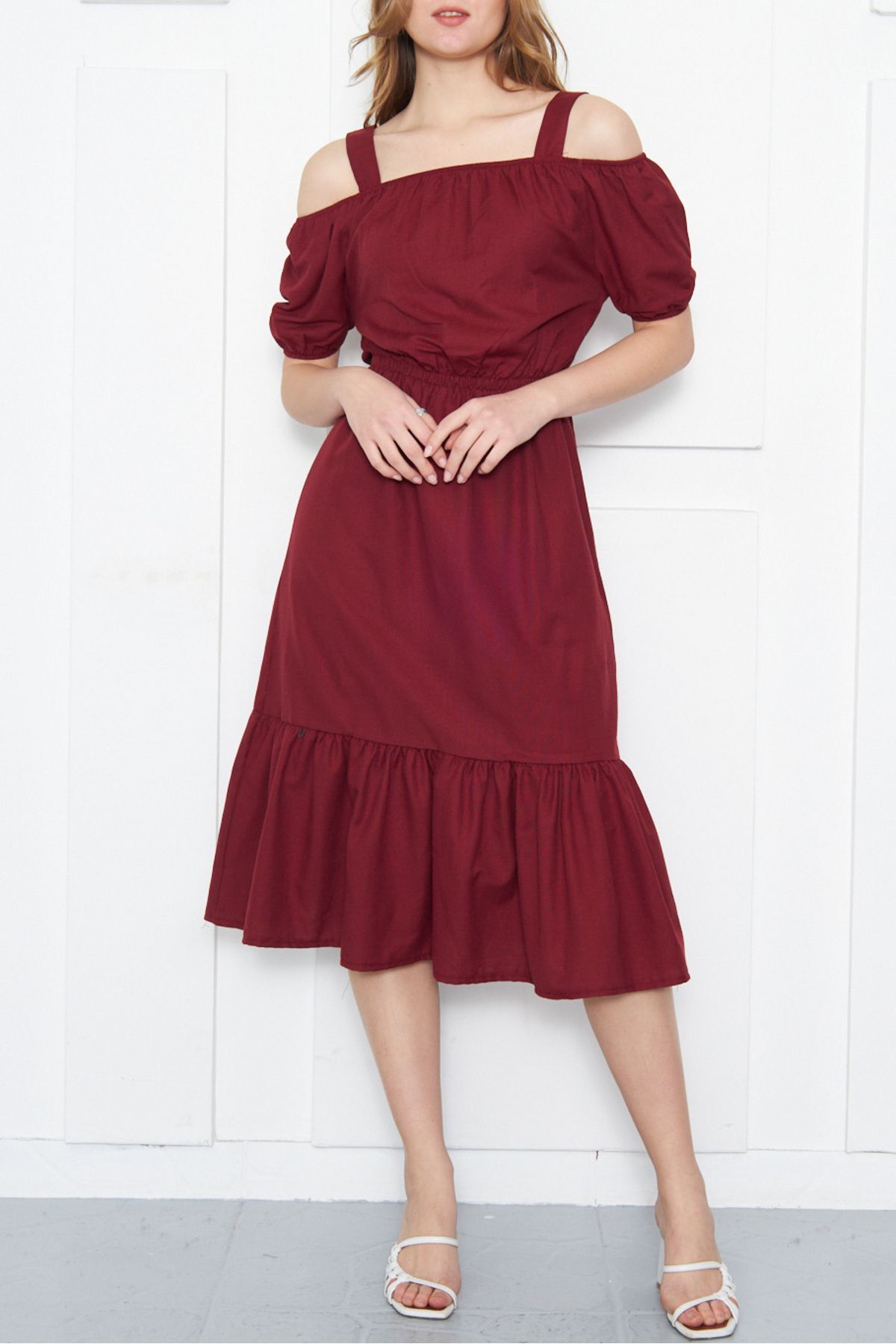 Woman Bordeaux Waist Waist Dress with Rubber Arm-21K001214