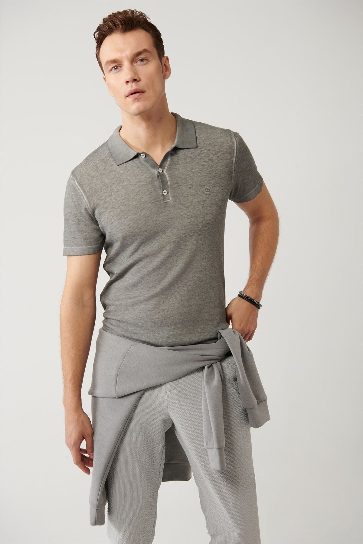 Men's anthracit 3 button Garment Dyed Polo Yaka Triko T-shirt A41y5067