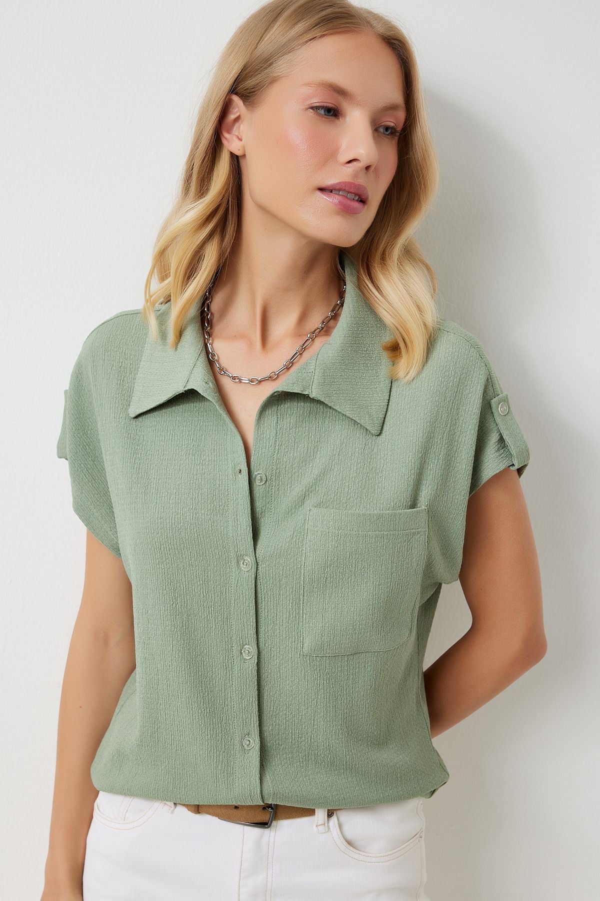 Women's Cagla Green Pocket Casual Knitting Shirt DD01325