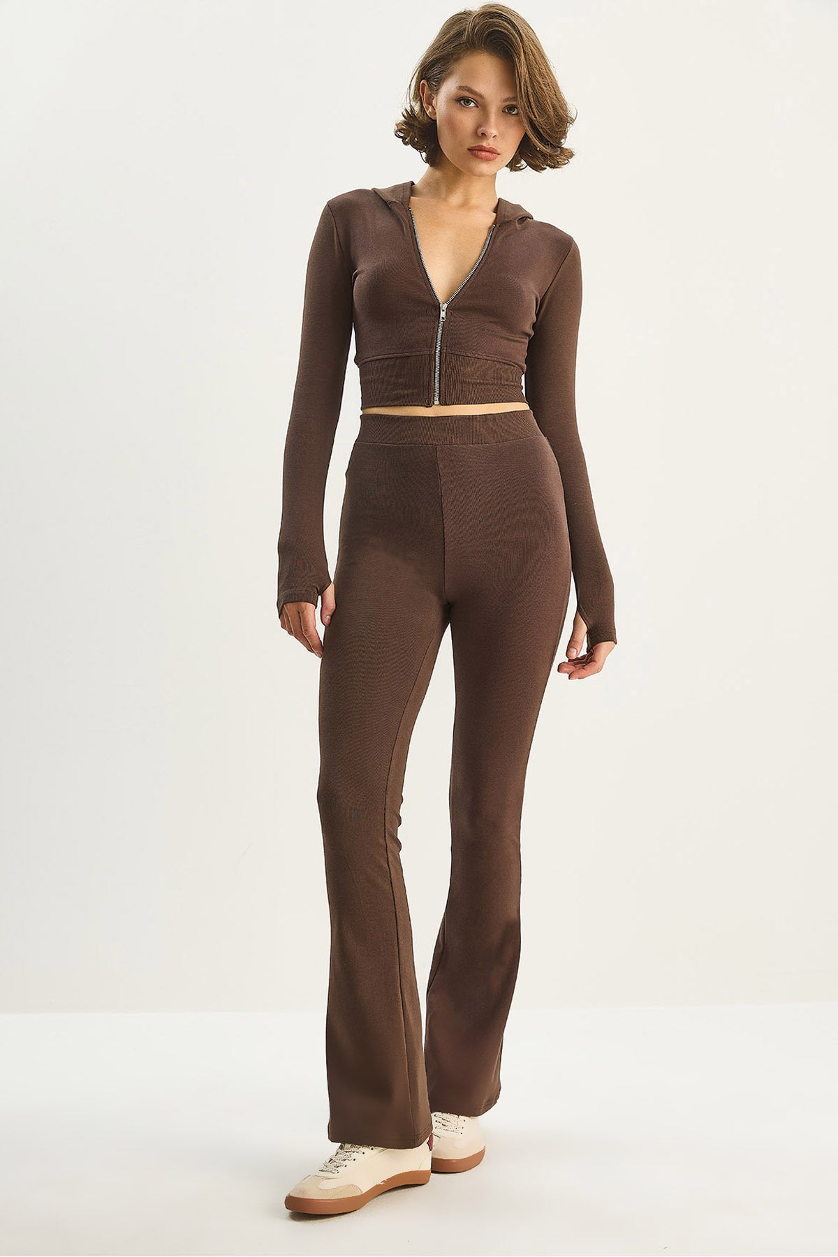 Women's Zippered Long Sleeve Crop Top Lightweight Flare Leg Tights 2180 60283622