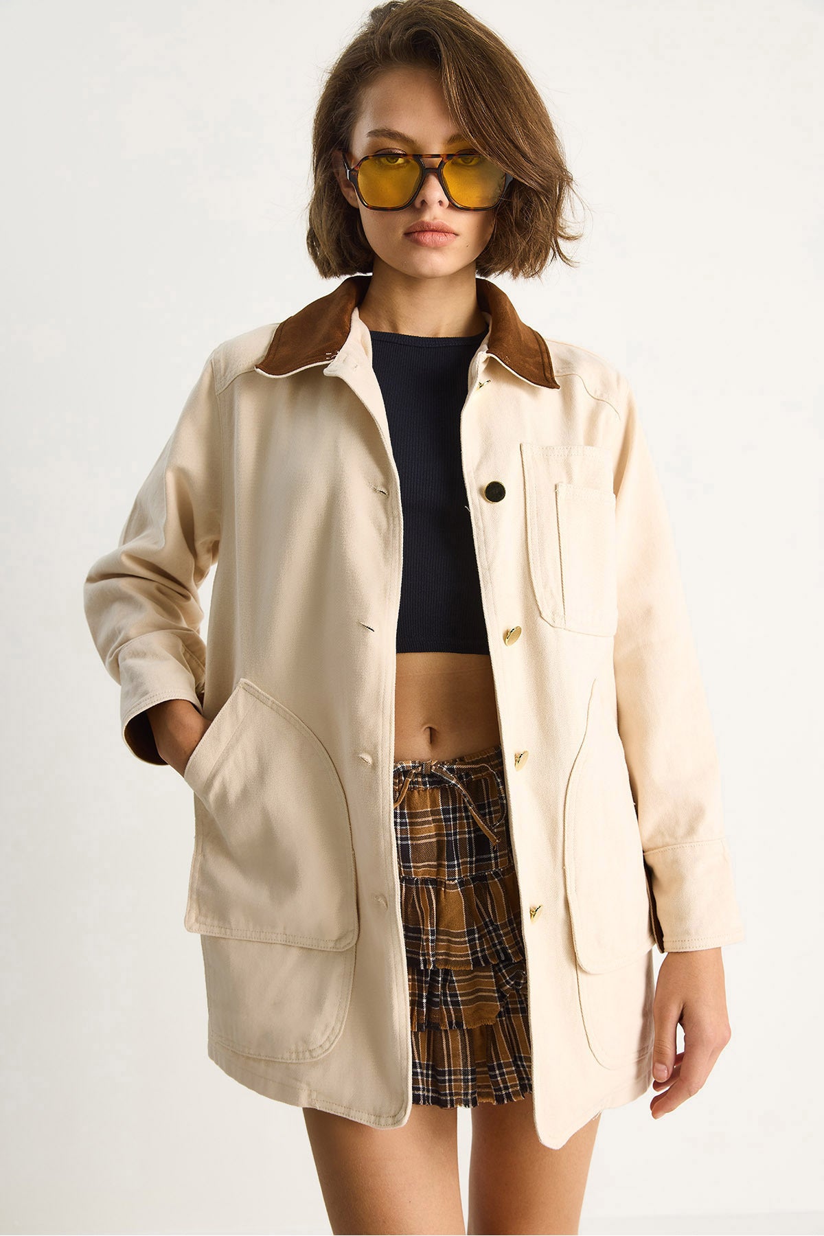 Women's Suede Contrast Collar Pocket Detailed Garnished Gabardine Jacket 2767 60281112