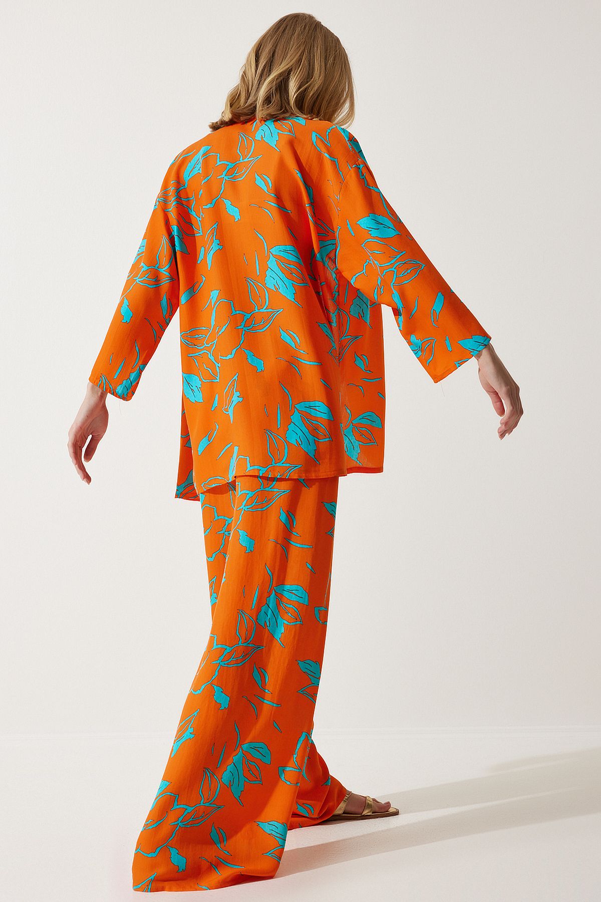 Women's Sky Blue Orange Patterned Kimono Palazzo Pants Set EN00614