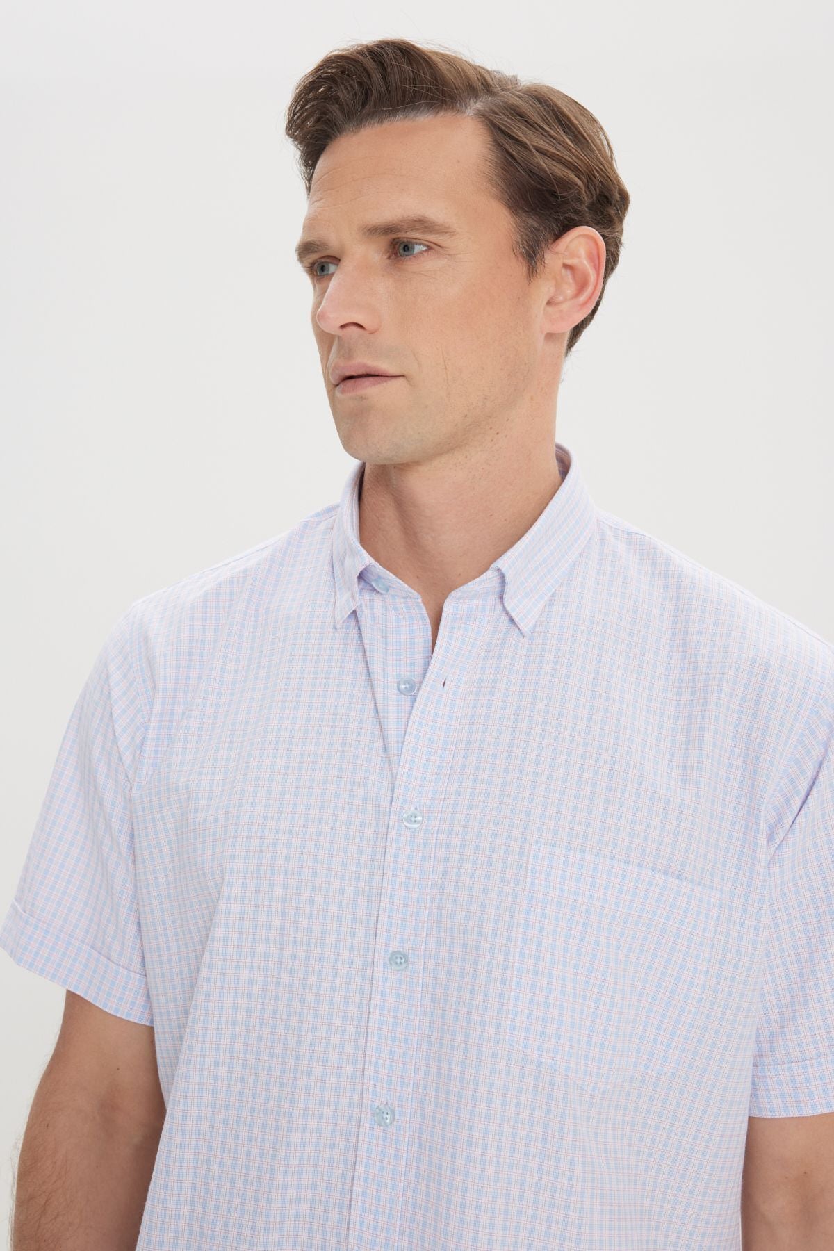 Men's White-Blue Comfort Fit Casual Cutting Buttoned Neck Square Short Sleeve Shirt