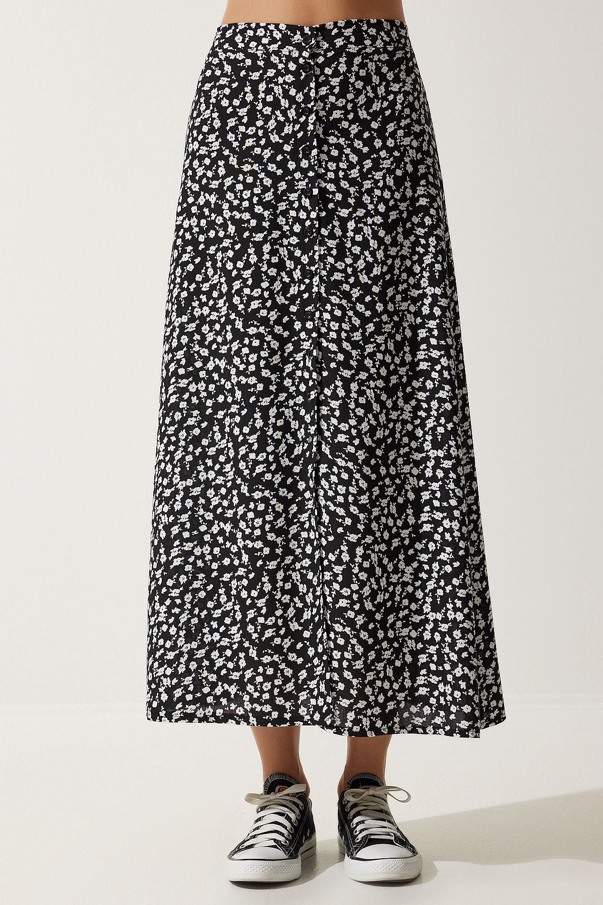 Female black patterned slit viscose skirt UB00246