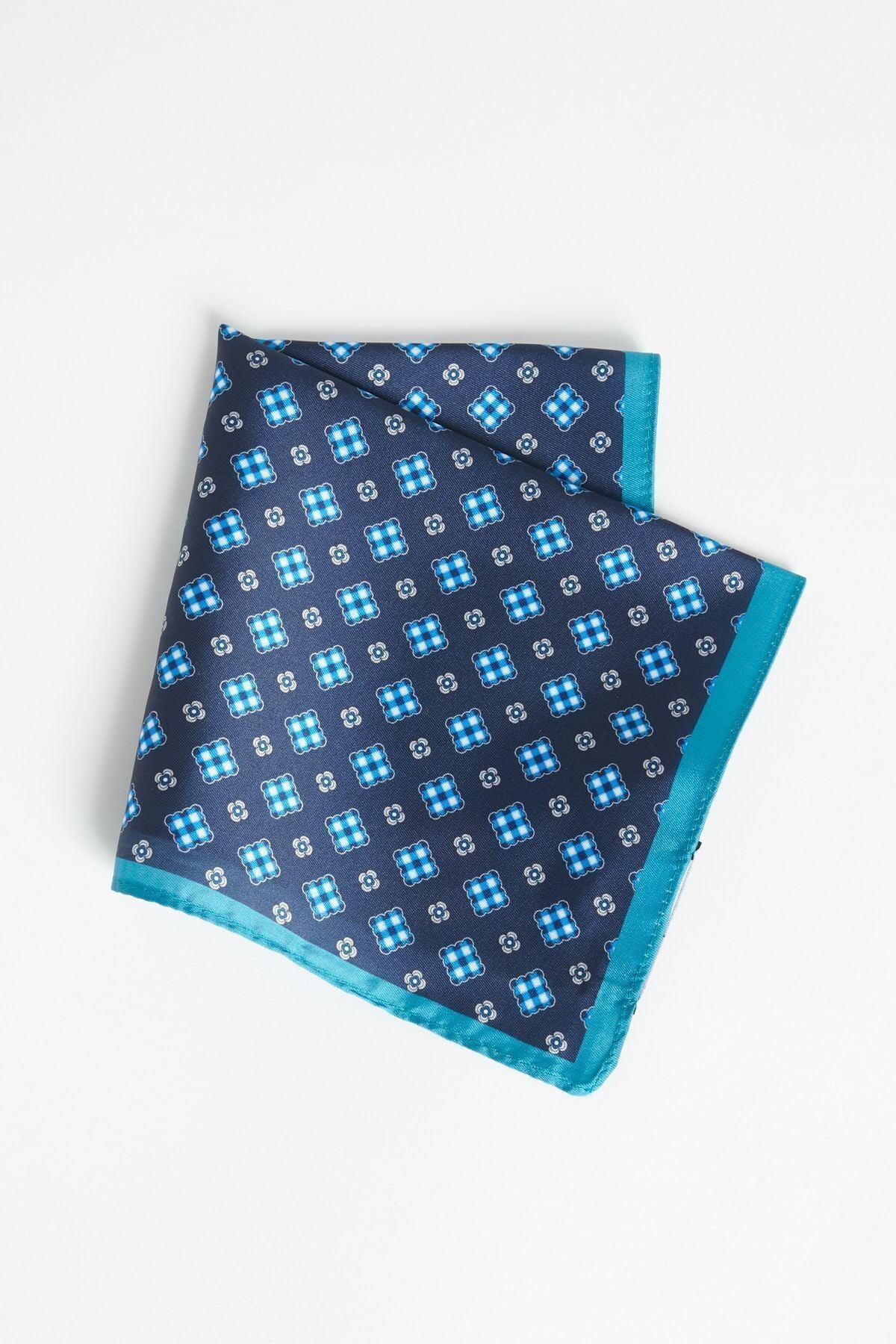 Men's navy blue-turquoise patterned handkerchief