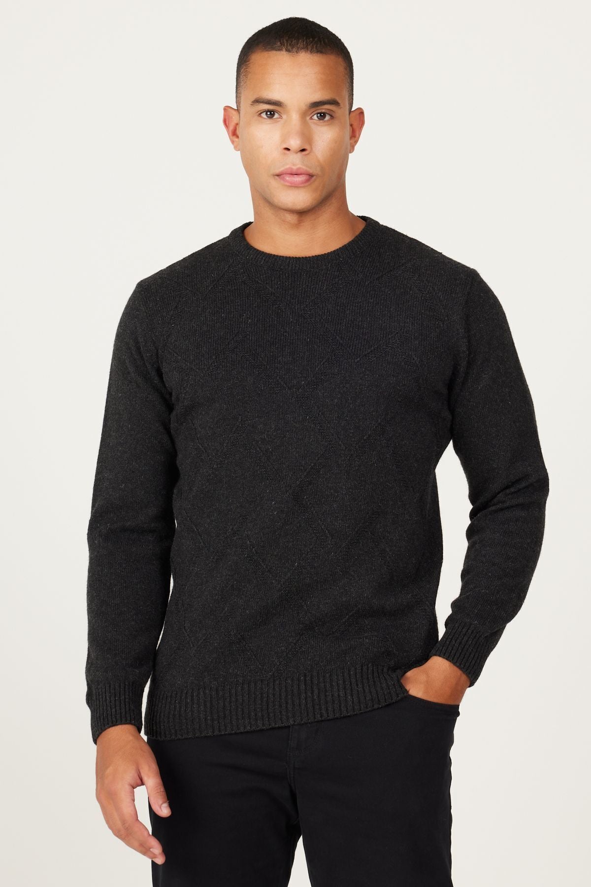 Men's anthracite standard fit normal cut bike collar jacquari knitwear sweater