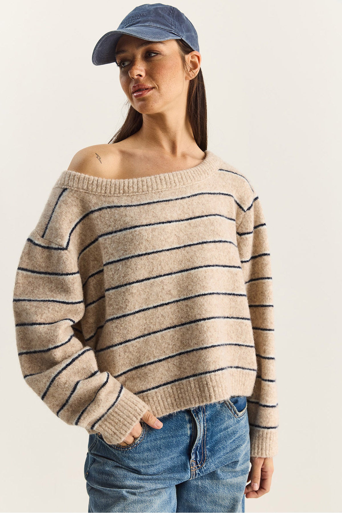 Women's Bardot Collar Striped Oversize Knitwear Sweater 2570 60283876