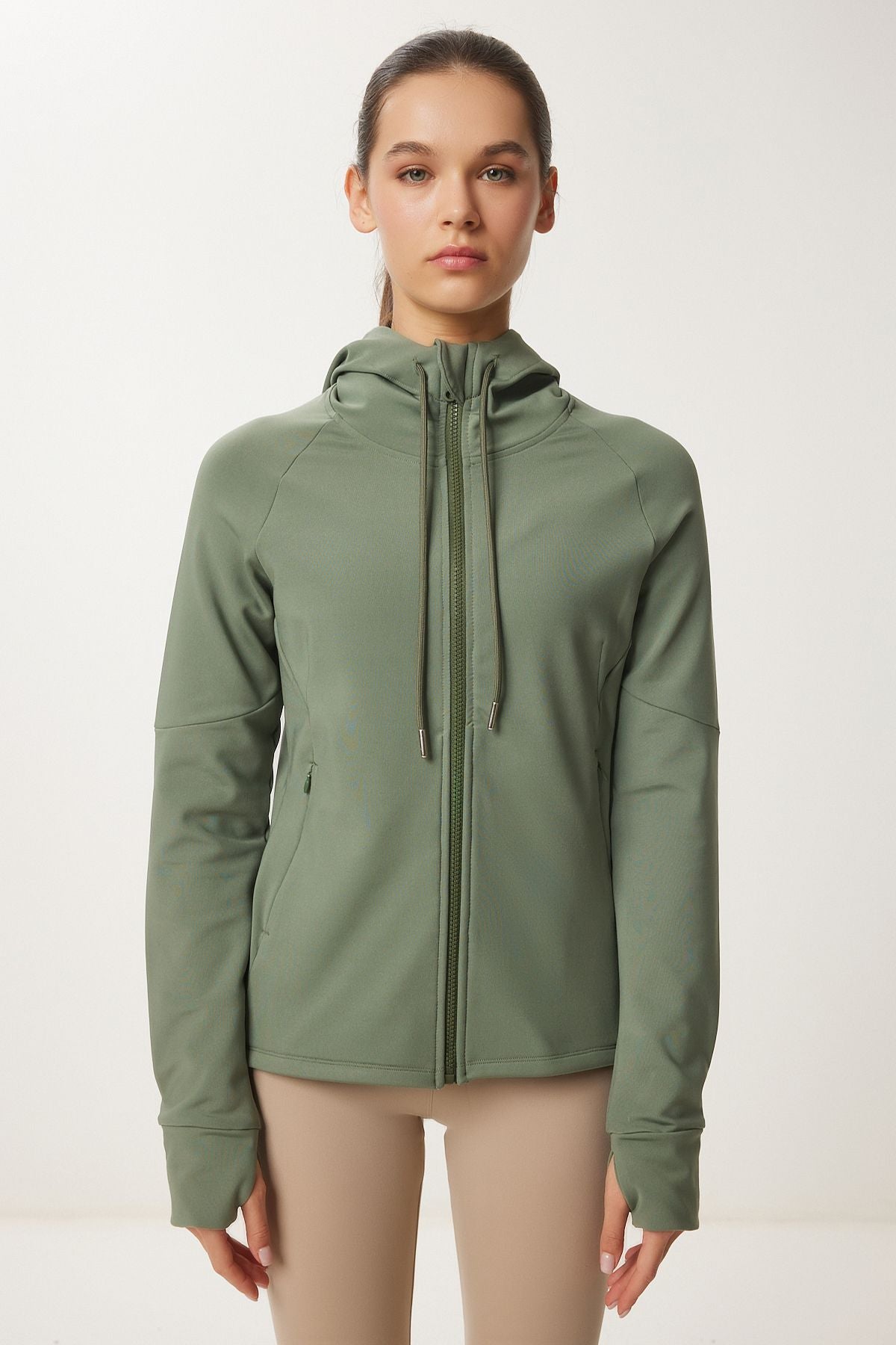 Female Khaki Finger Detailed Hooded Zipper Knitting Sweatshirt VX00007