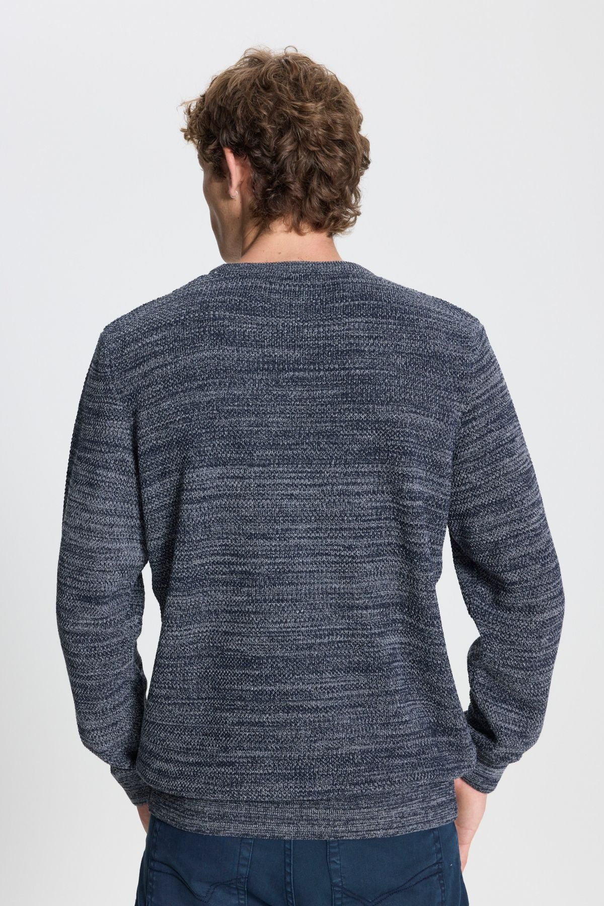 Men's navy blue-gray standard fit normal cut bike collar patterned knitwear sweater