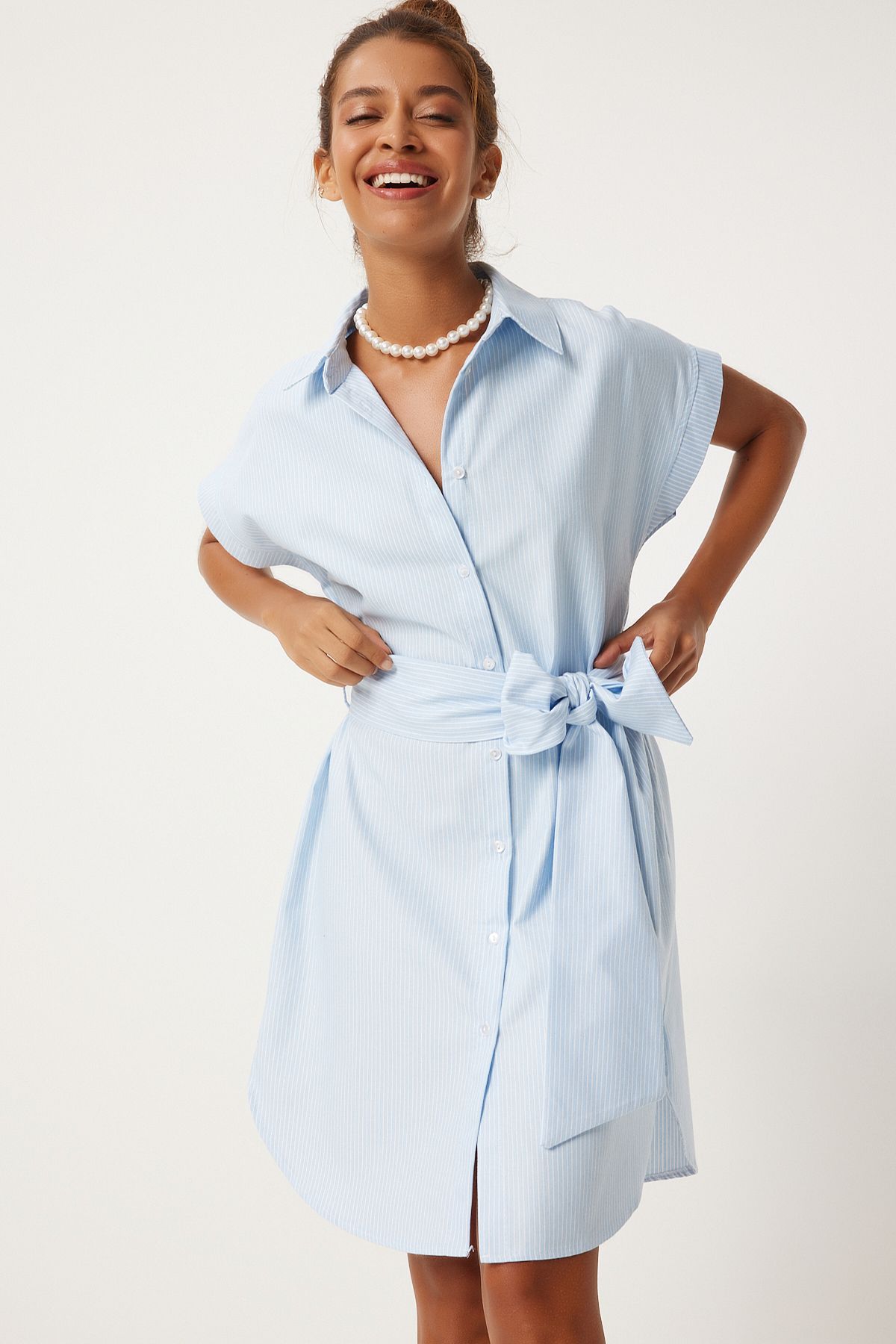 Woman Blue White Belt Striped Shirt Dress FN03252