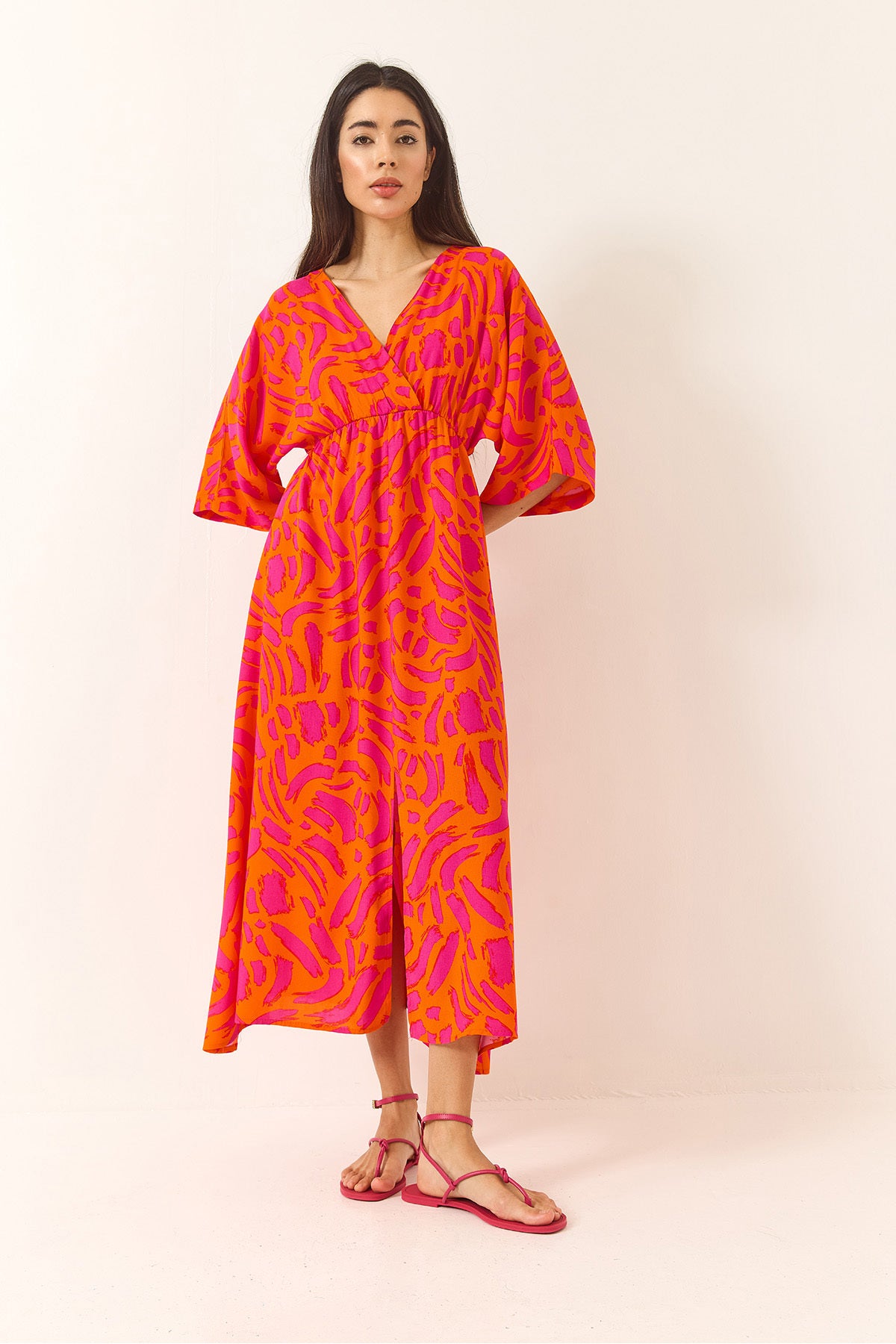 Women's Wrap Collar Waist Elastic Patterned Summer Viscose Dress 60283225