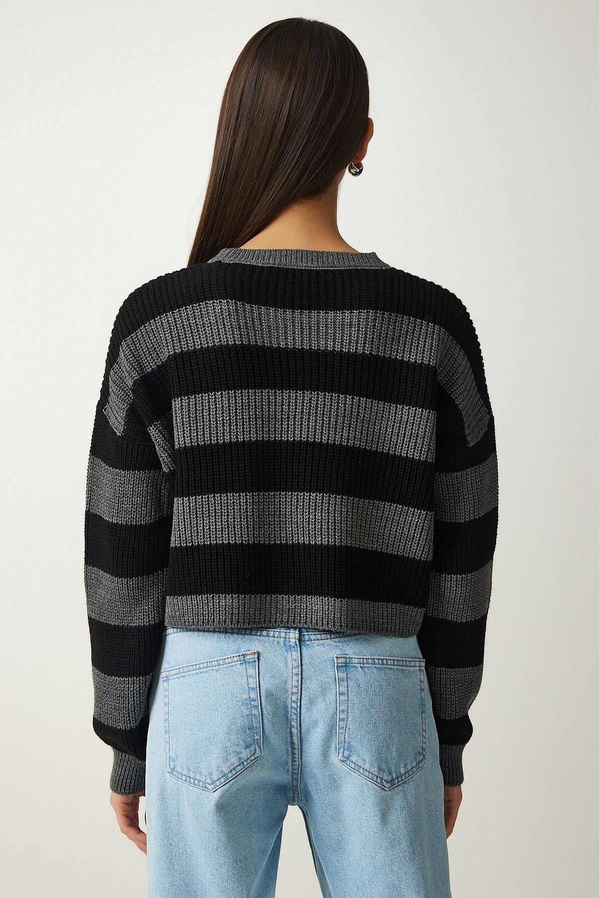 Women's Gray Black striped Crop knitwear sweater PF00058