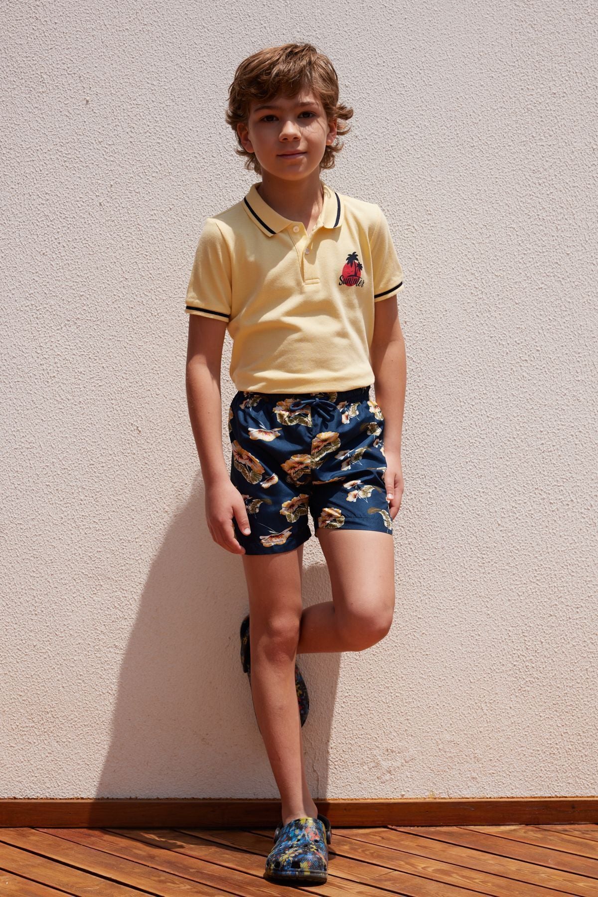 Men's Navy Blue-Yellow Standard Fit Normal Cutting Fast Drying Patterns Children's Mayo Sea Short