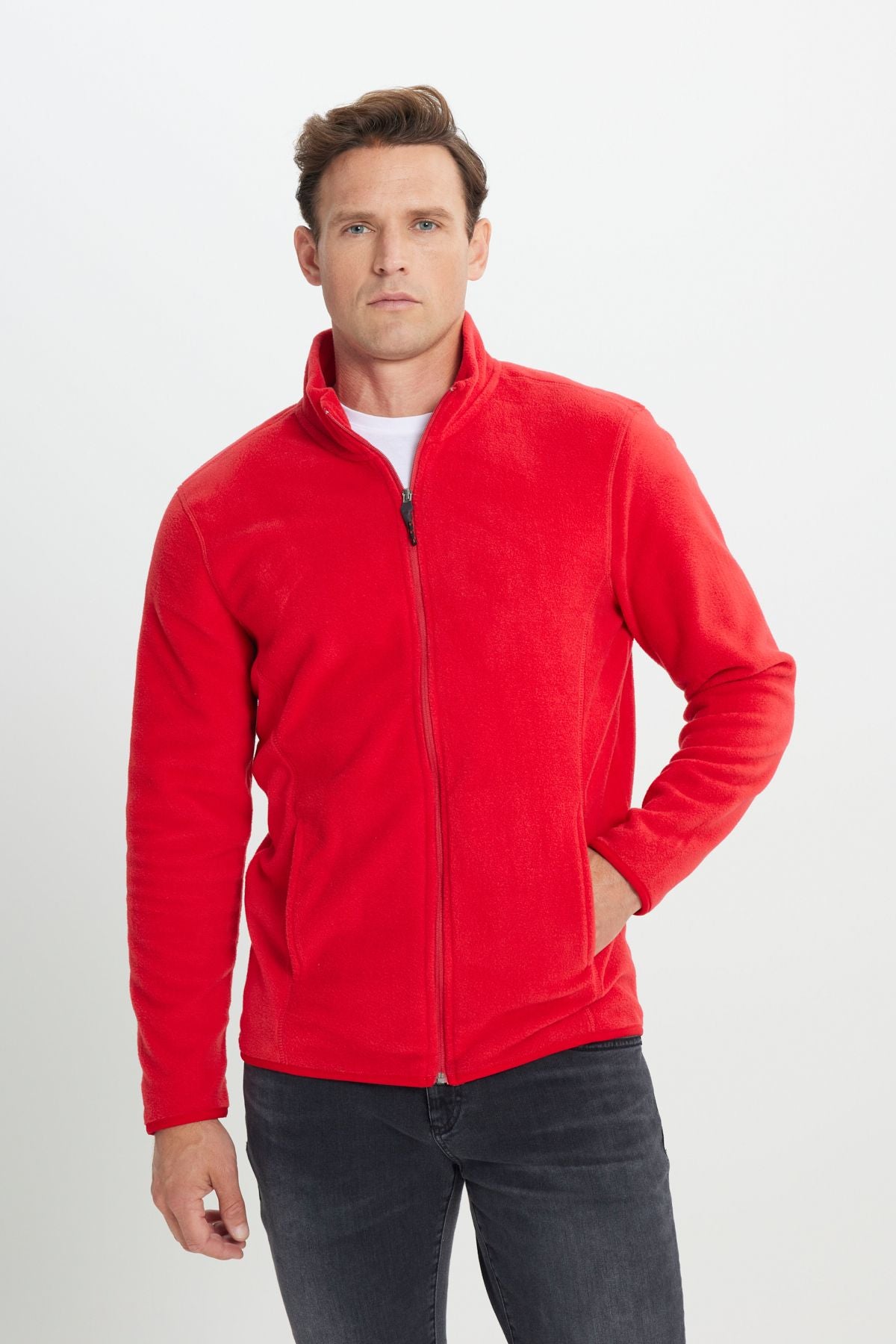 Men's Red Anti-Pilling Flash Standard Fit Bato Yaka Sweatshirt Polar Jacket