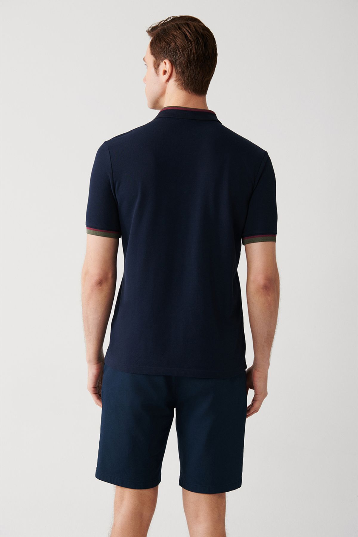 Men's Navy Blue striped 100 %cotton 2 button polo collar T-shirt E001036