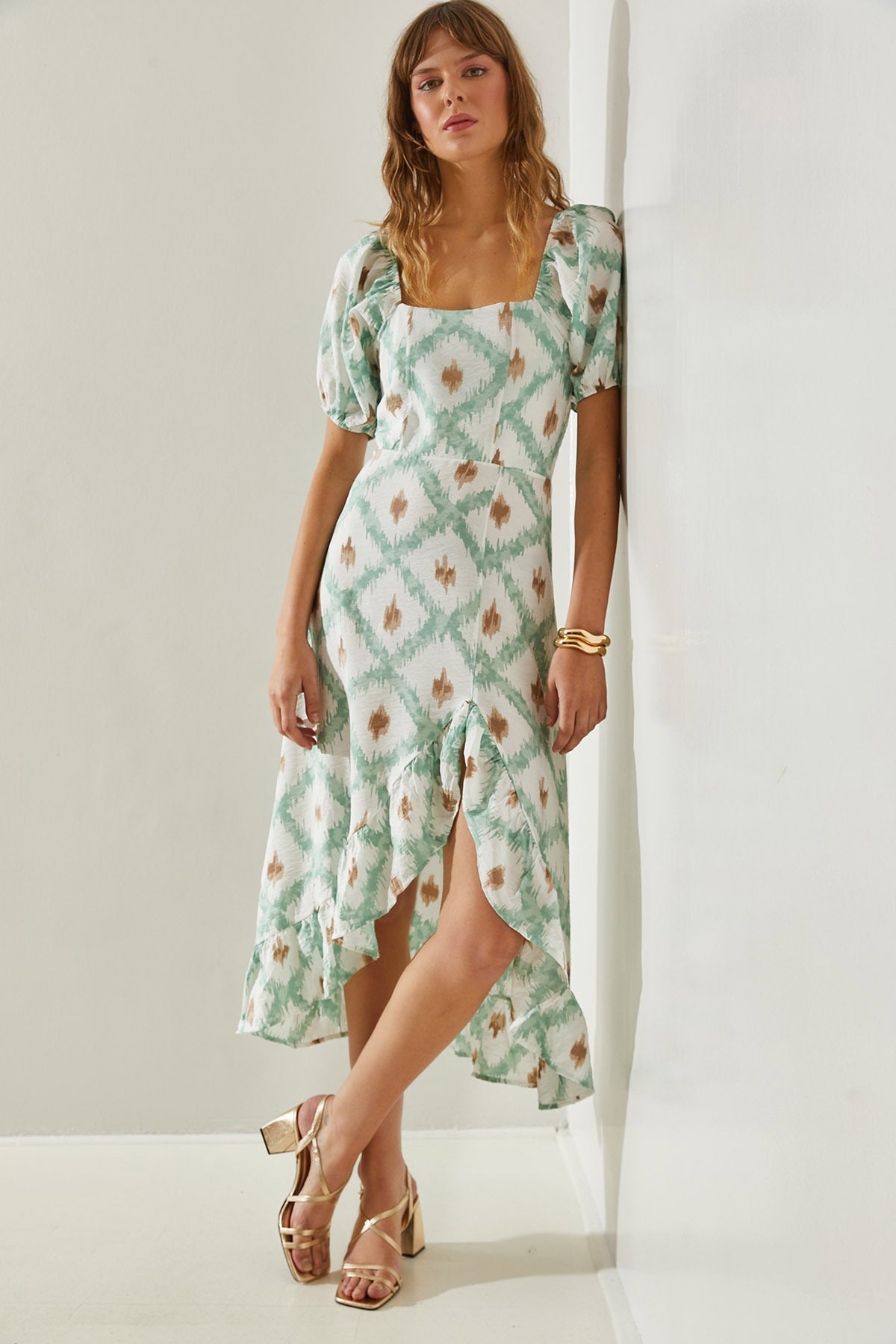 Women's Balloon Sleeve Ruffle Detailed Hidden Zipper Dress 60251373