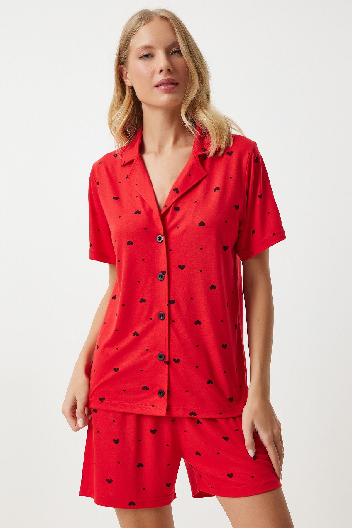 Female red -hearted viscose short shirt pajama set EC00035