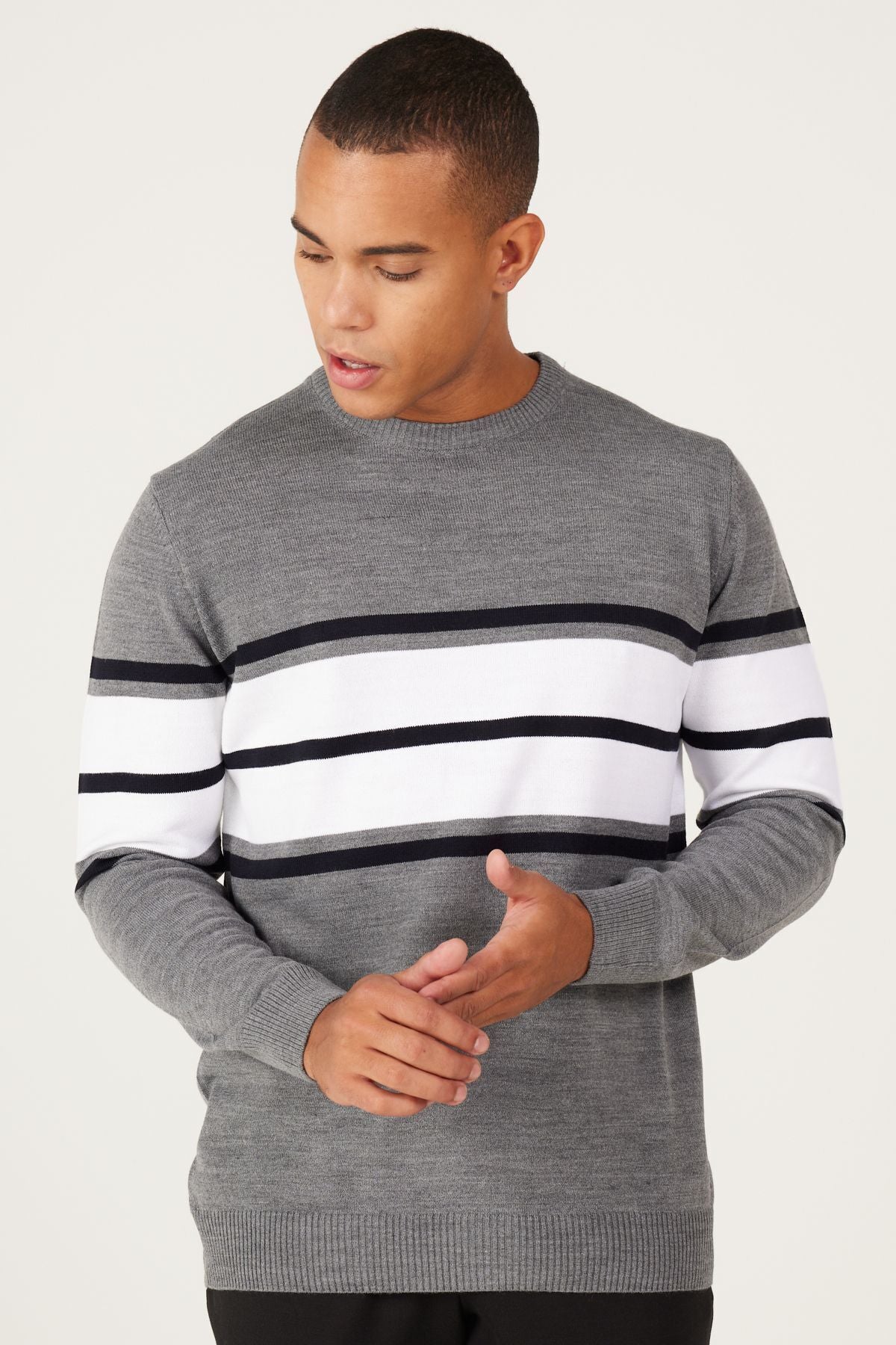 Men's Gray-Ekru Standard Fit Normal Cut Normal Cycling Cycling Yaka striped knitwear sweater