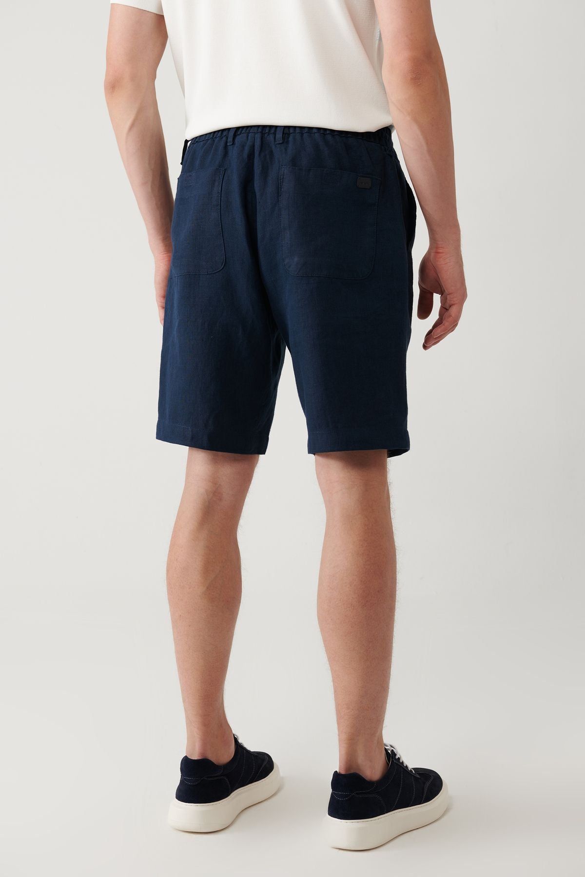 Men's Navy Blue Assos Shorts with Elastic Waist 100% Linen Relaxed Fit A41y3710