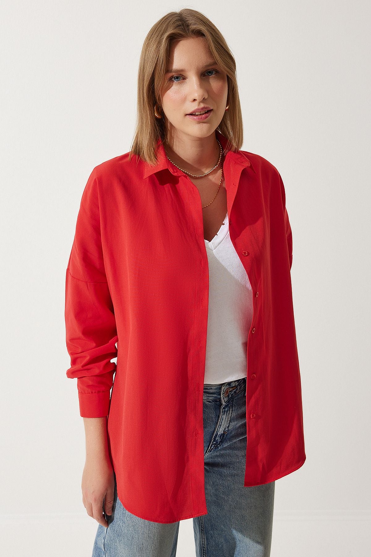 Woman Middle Red Oversize Long Basic Shirt DD00842