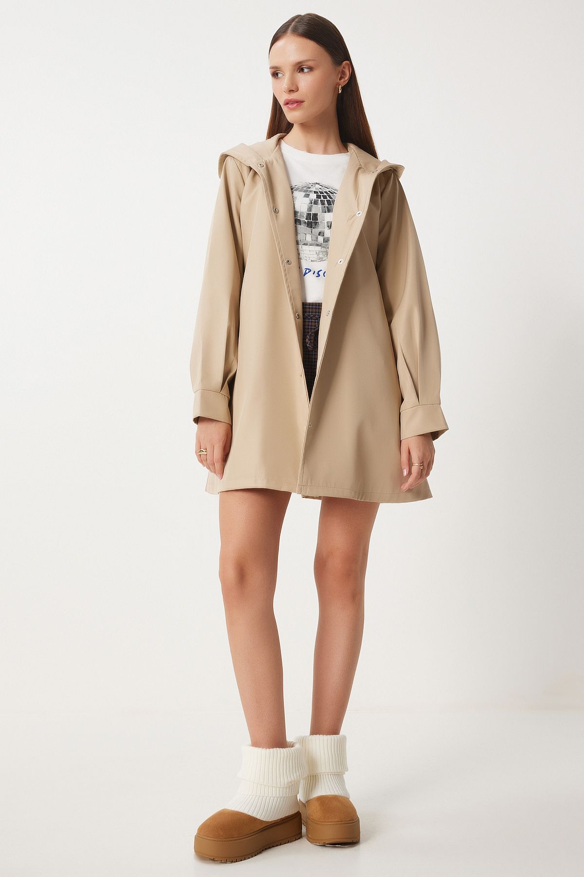 Female Beige Hooded Born Short Trench Coat DD01335