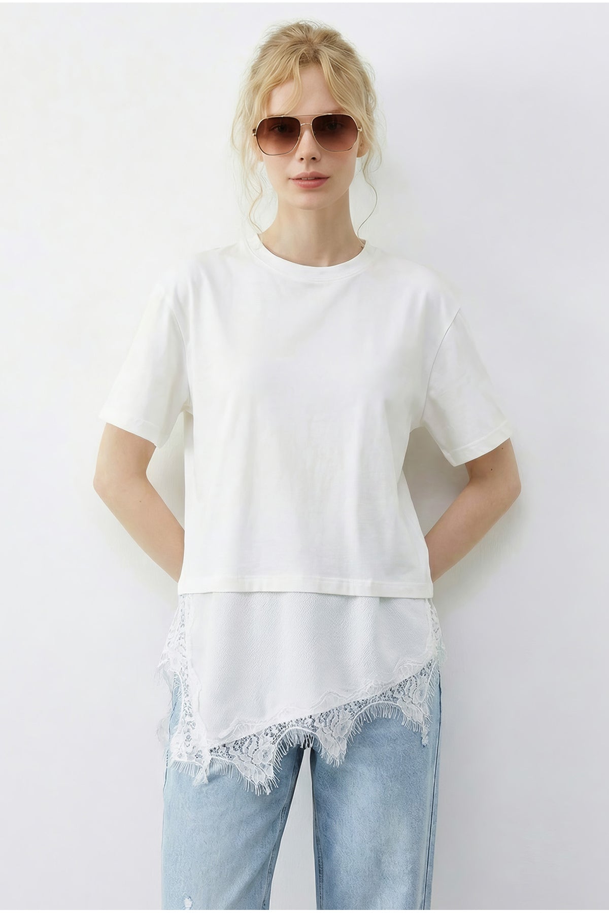 Women's Asymmetrical Lace Hemline Oversize T-Shirt 8716 60283956