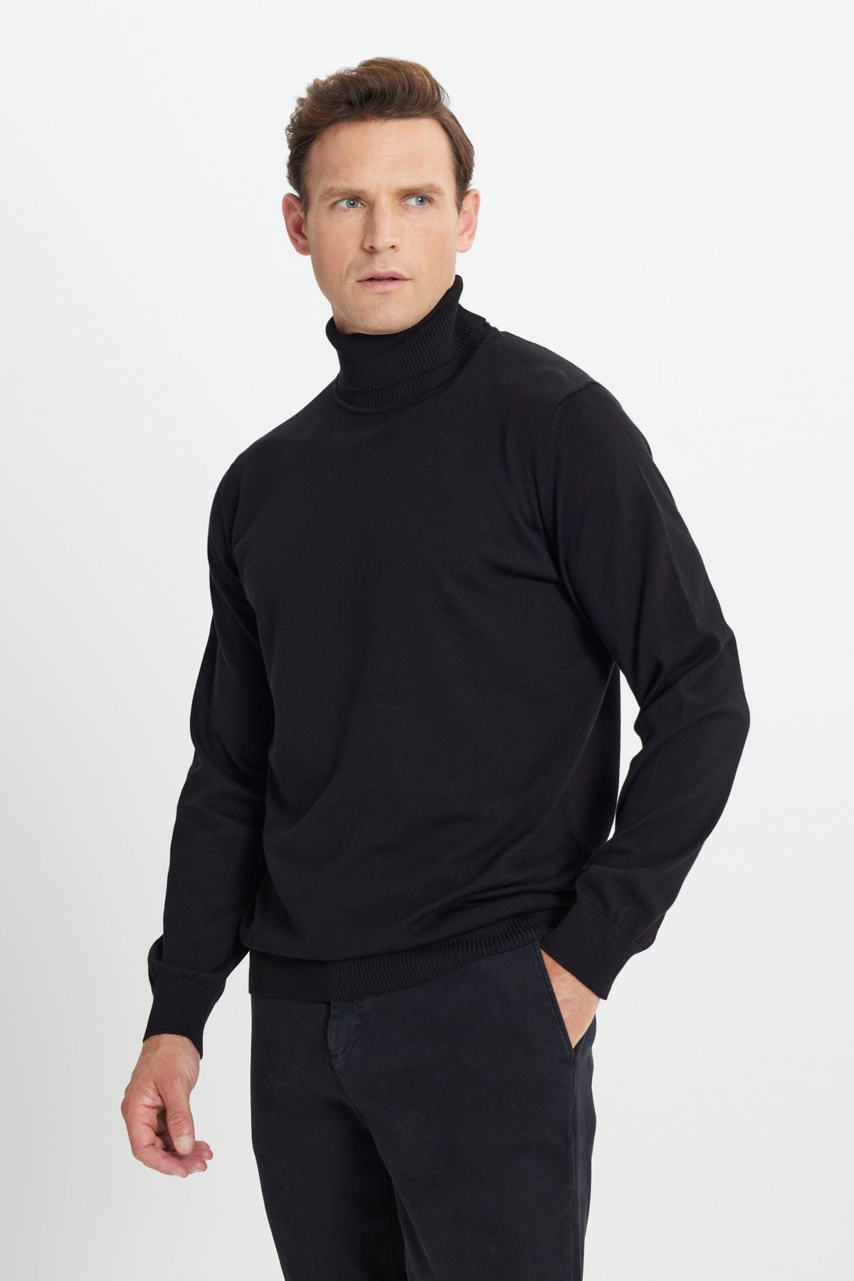 Men's black cotton standard fit fit normal cut full fisherman collar basic knitwear sweater