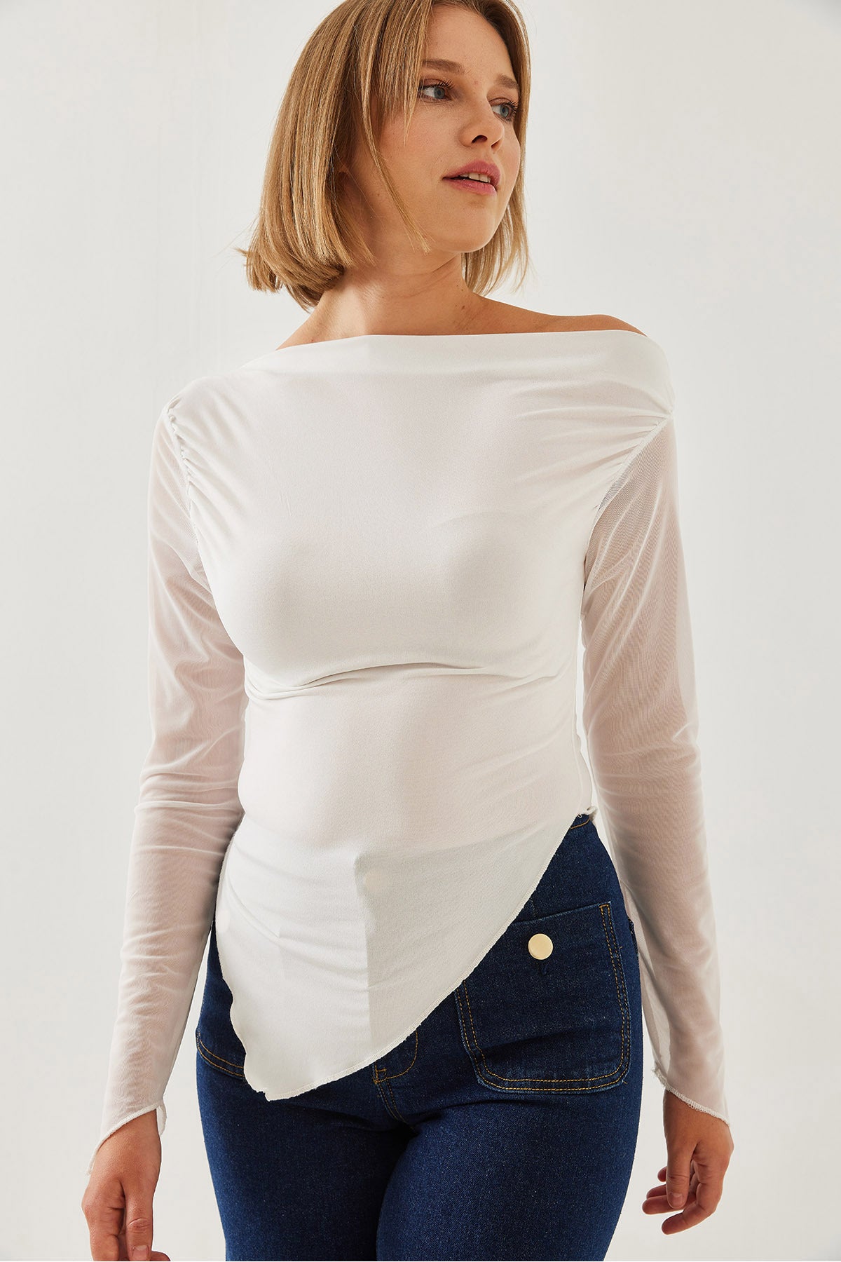 Women's Tulle Detail Asymmetrical Cut Blouse 60351210