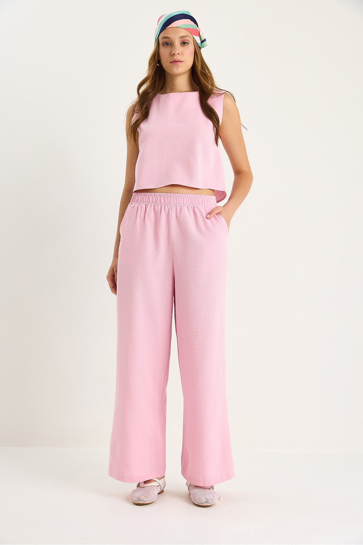 Women's Thick Strap Blouse with Elastic Waist Pocket Detail and Loose Pants Linen Suit 9384 60281086