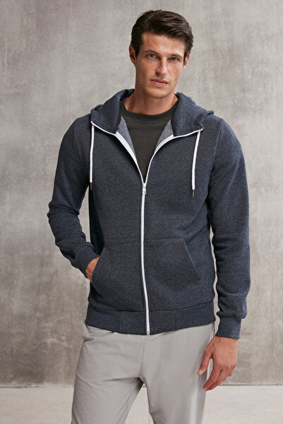 Core Men's Zippered High Collar Hooded Navy Blue Sweatshirt with Drawstring and Fleece Inside