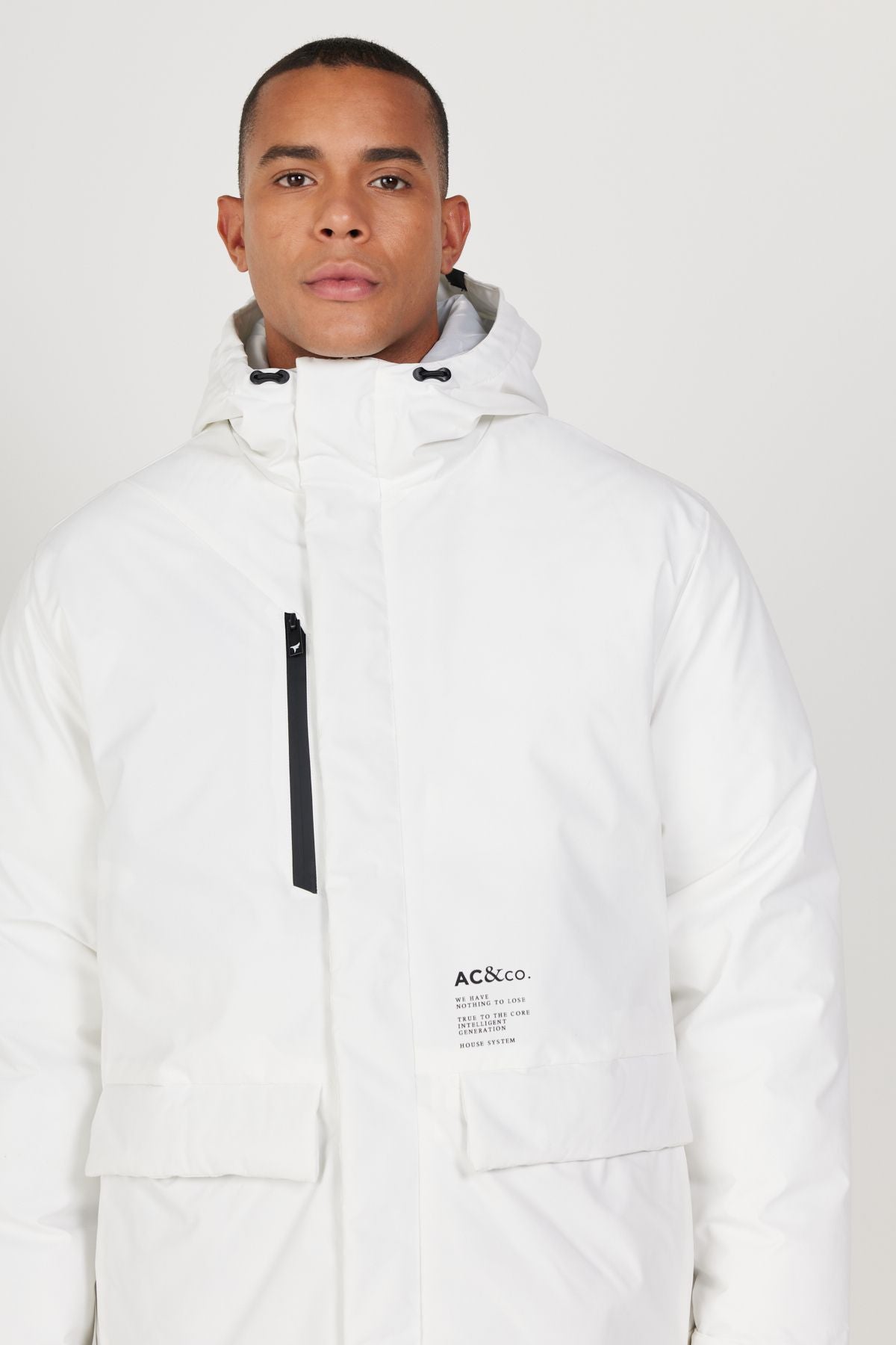 Men's white hood upright collar standard fit hot winding windproof coat coat