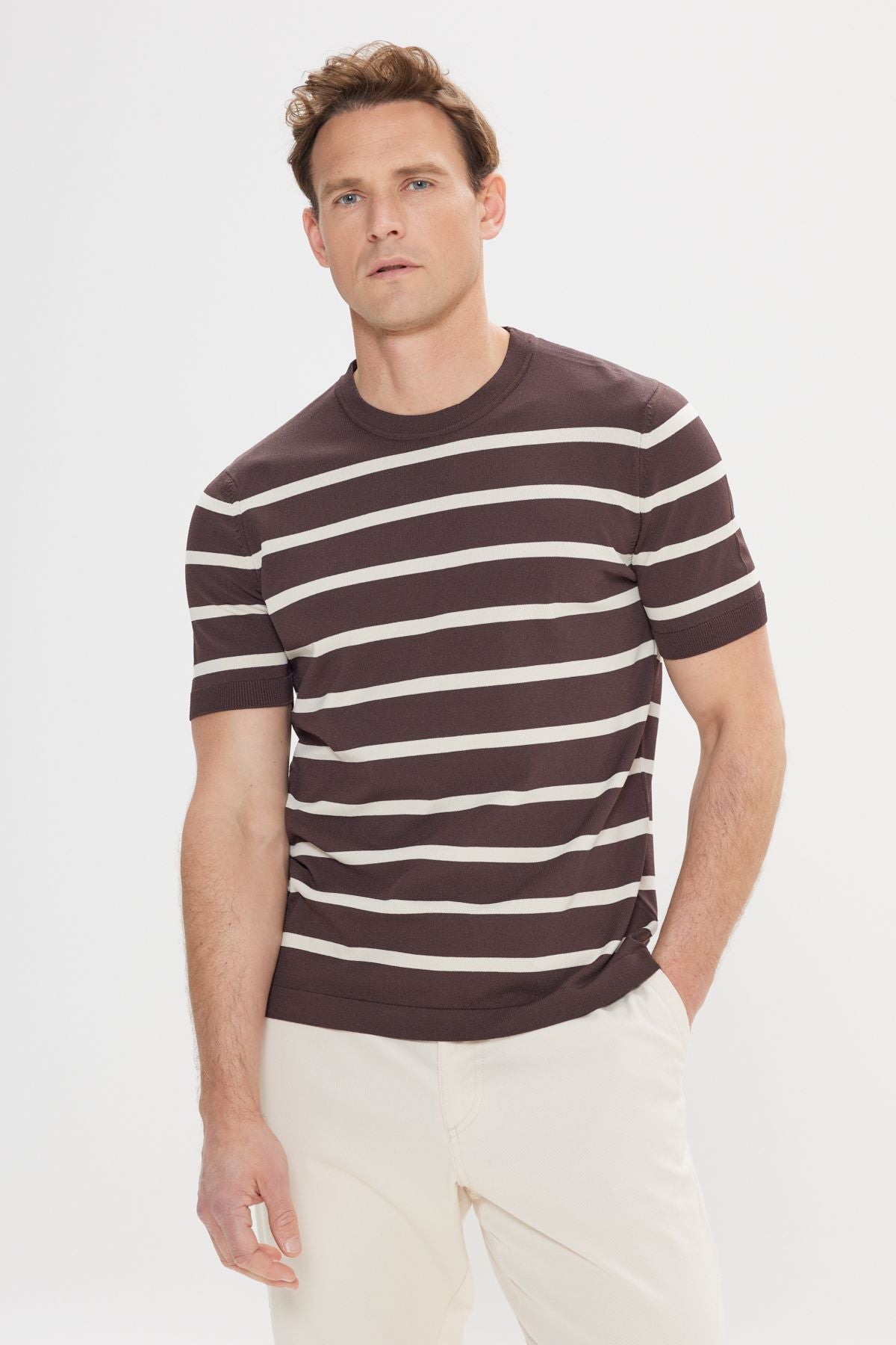 Men's Coffee-Equipment Standard Fit Normal Cut Bicycle Yaka striped knitwear T-shirt