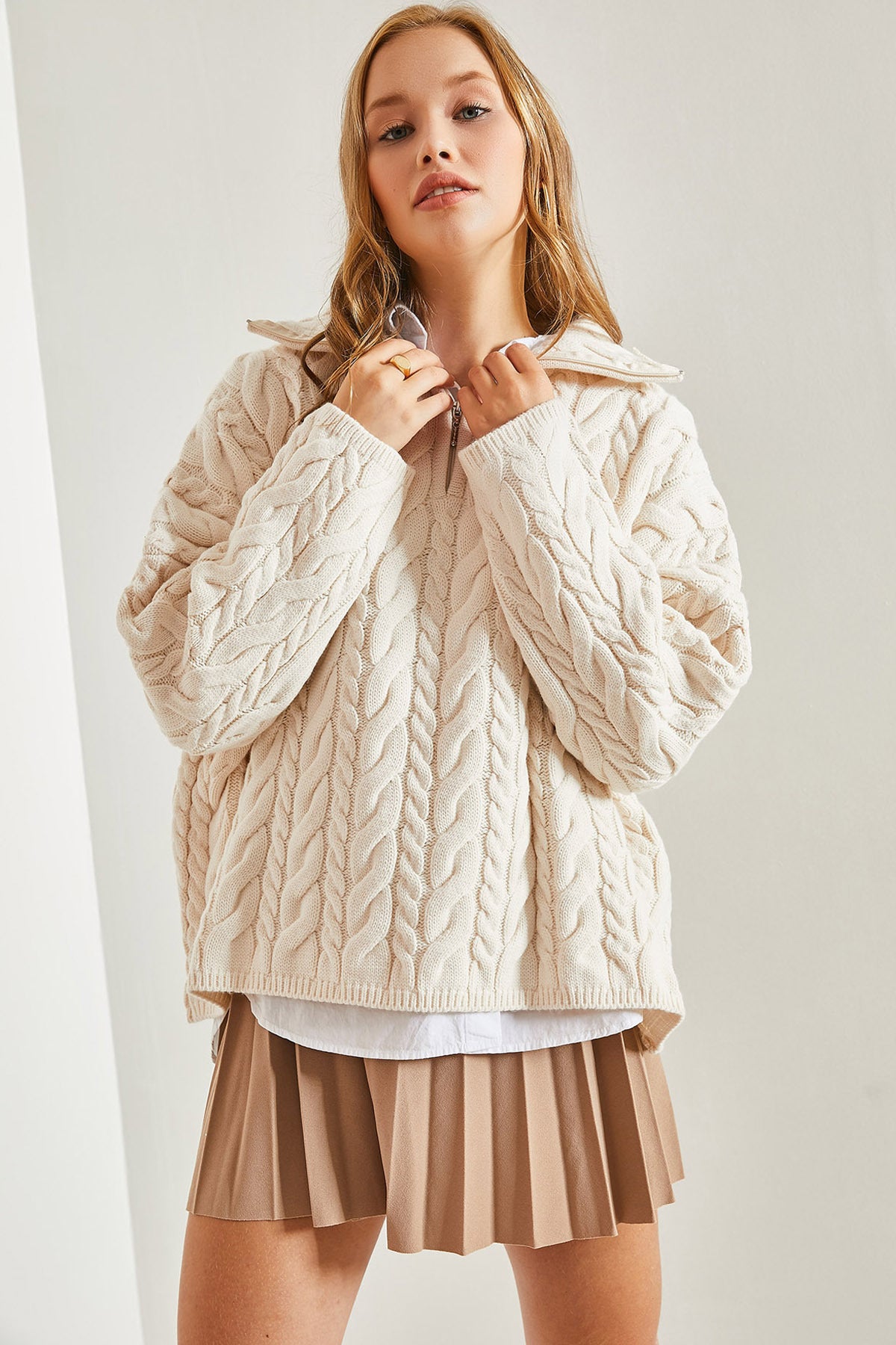 Women's Turtleneck Zippered Patterned Knitwear Sweater 40931017