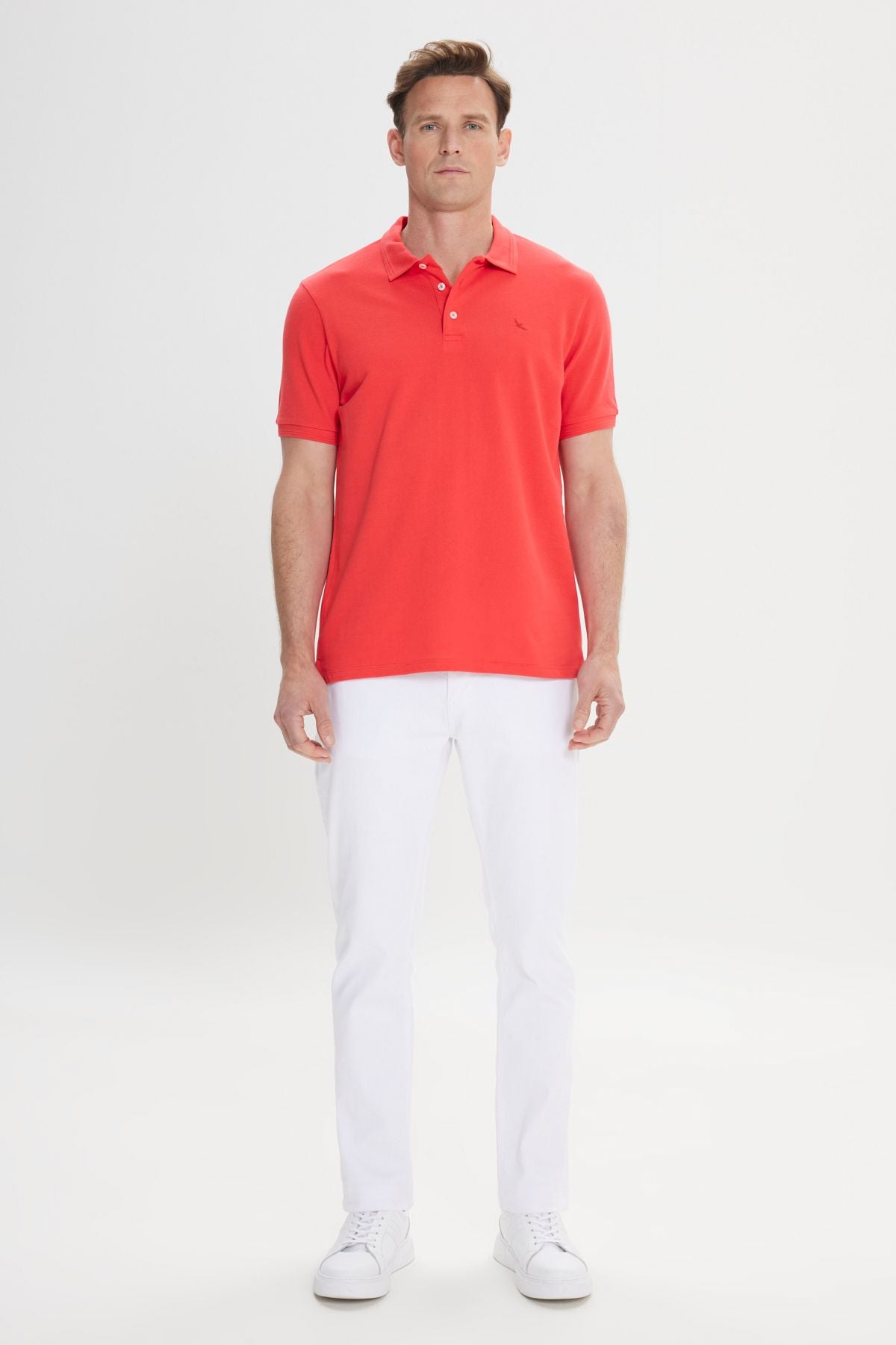 Men's red slim fit narrow cut polo collar 100 %cotton short sleeve t -shirt