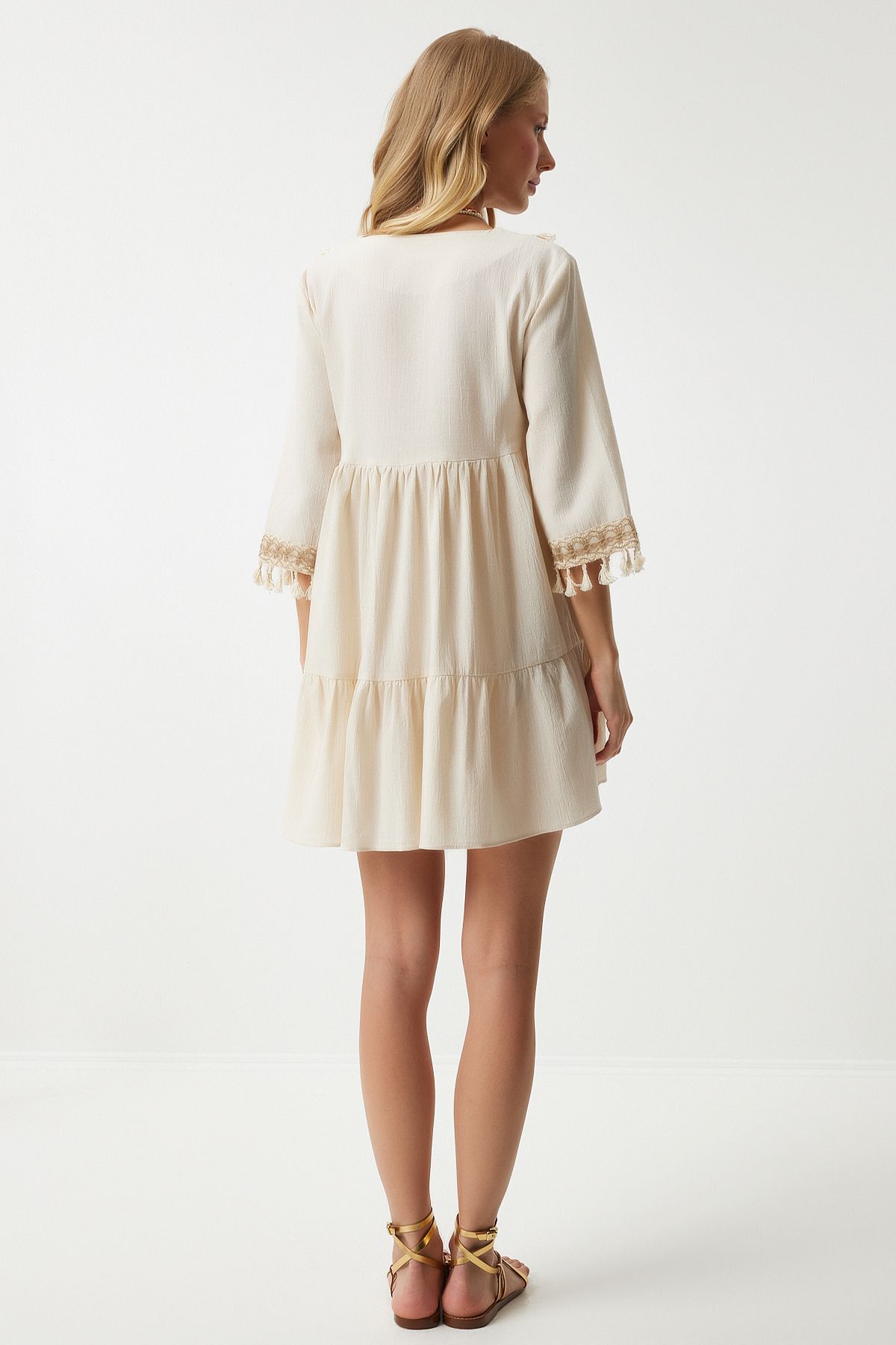 Women's cream v neck tassel detailed mini dress rv00194