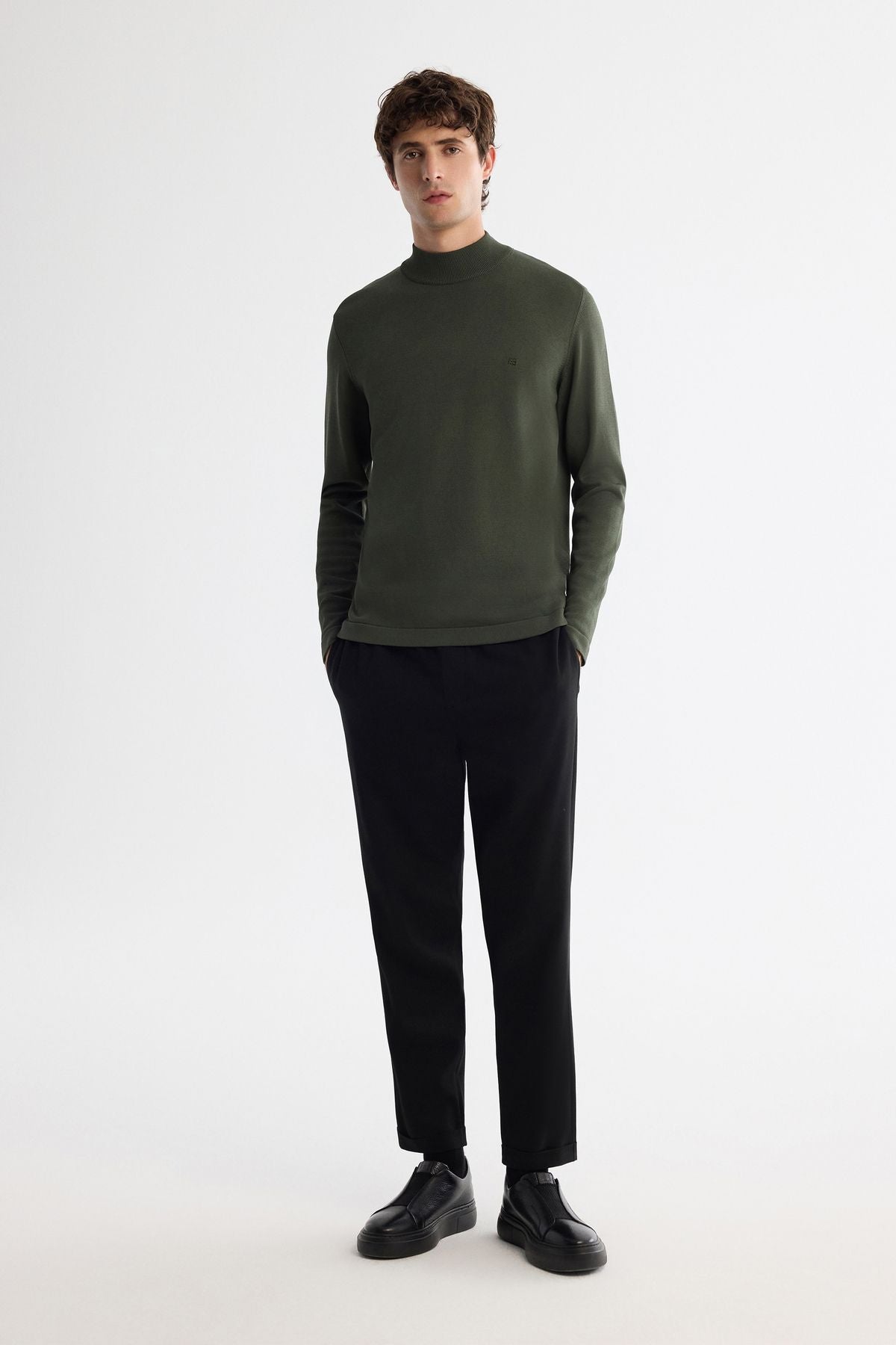 Male Khaki Half Fisherman Neck Rayon Triko Sweater A42y5100