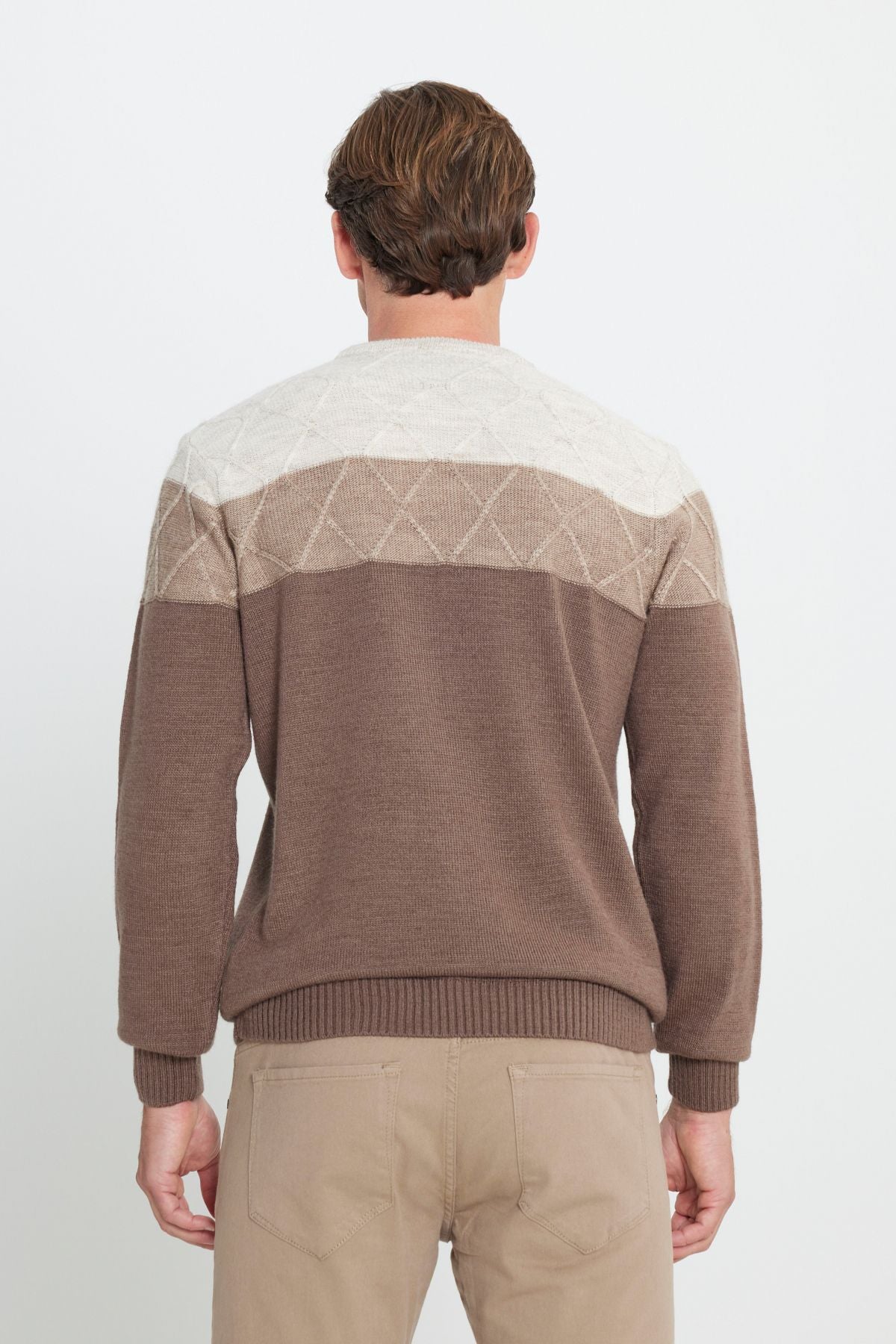 Men's Beige-Kahve Standard Fit Normal Cut Cycling Bike Colorblock Patterned Knitwear Kazakh