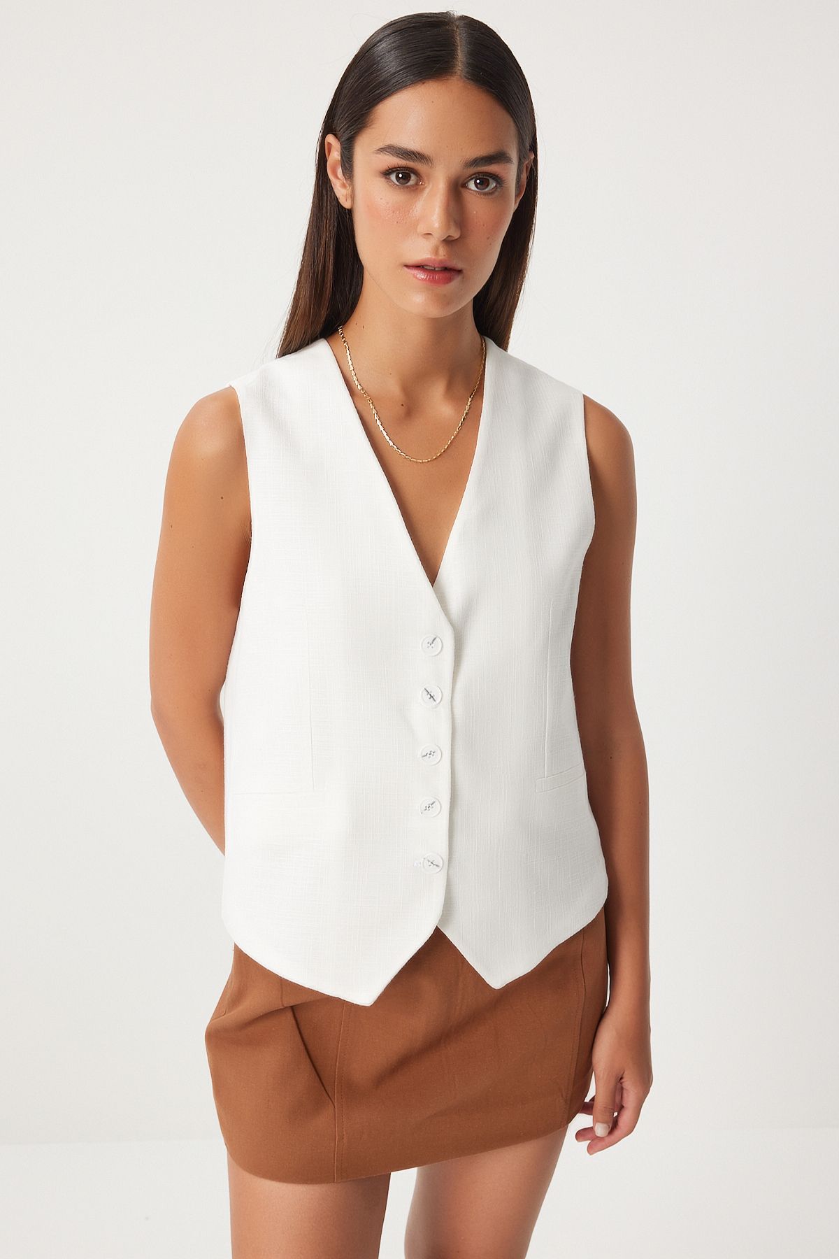 WOMEN WHITE but button closure linen vest DP00207