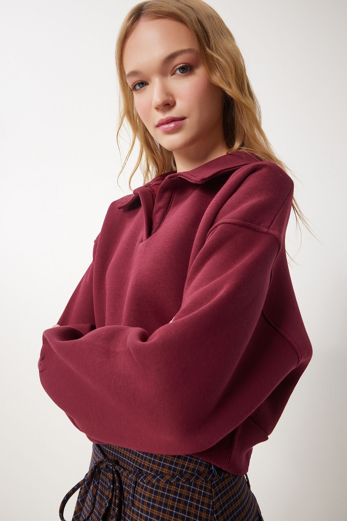 Female Bordeaux Polo Yaka Crop Knitting Sweatshirt HW00014