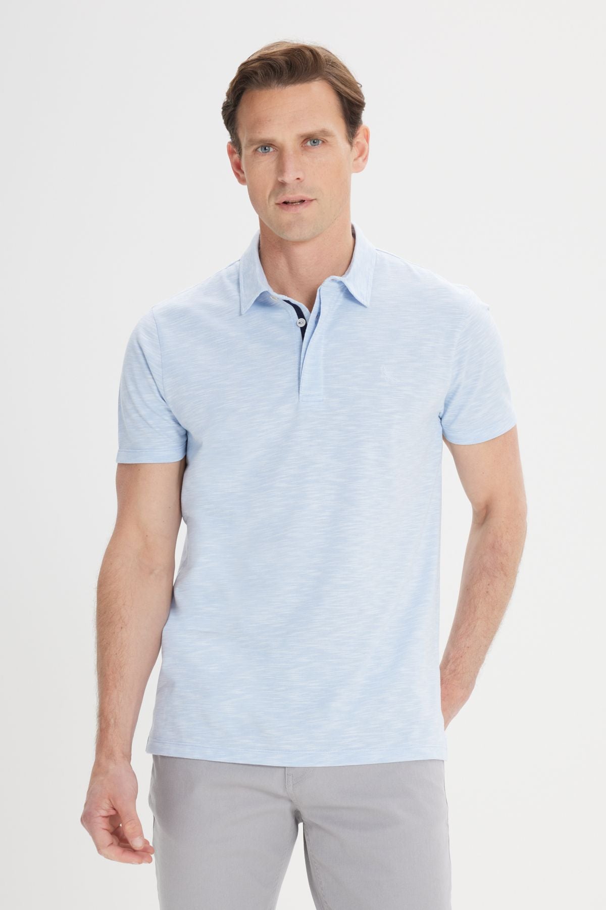 Men's light blue cotton jacquard slim fit narrow cut polo collar t -shirt