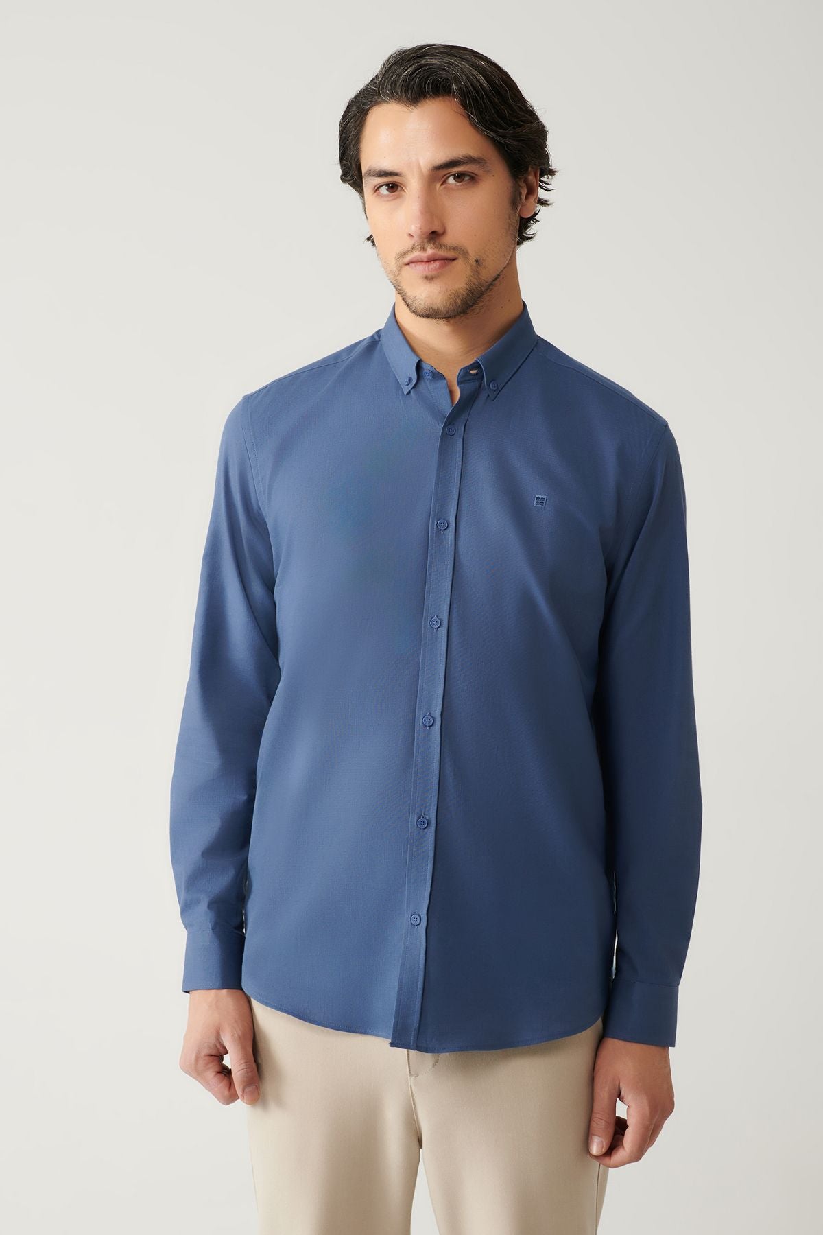Men's Indigo buttoned collar 100 %cotton linen textured shirt E002141