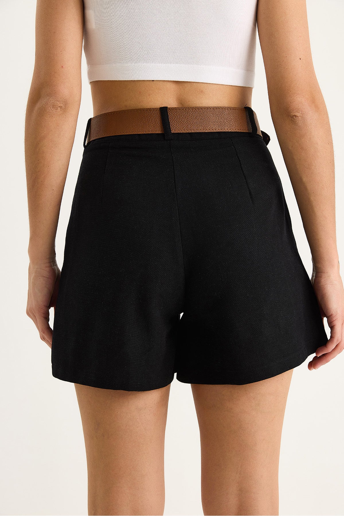 Women's Belted Pocket Detailed Thin Linen Shorts 2530 60281070