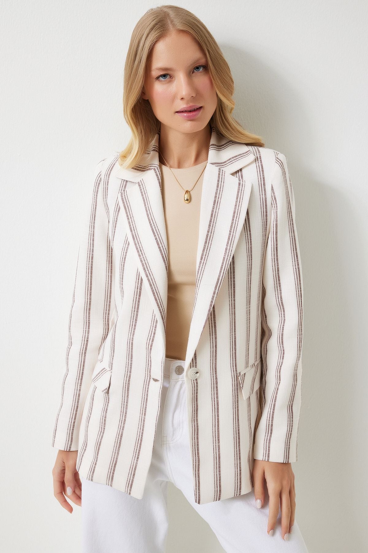Female brown bone striped watt -linen mixed blazer jacket GP00006