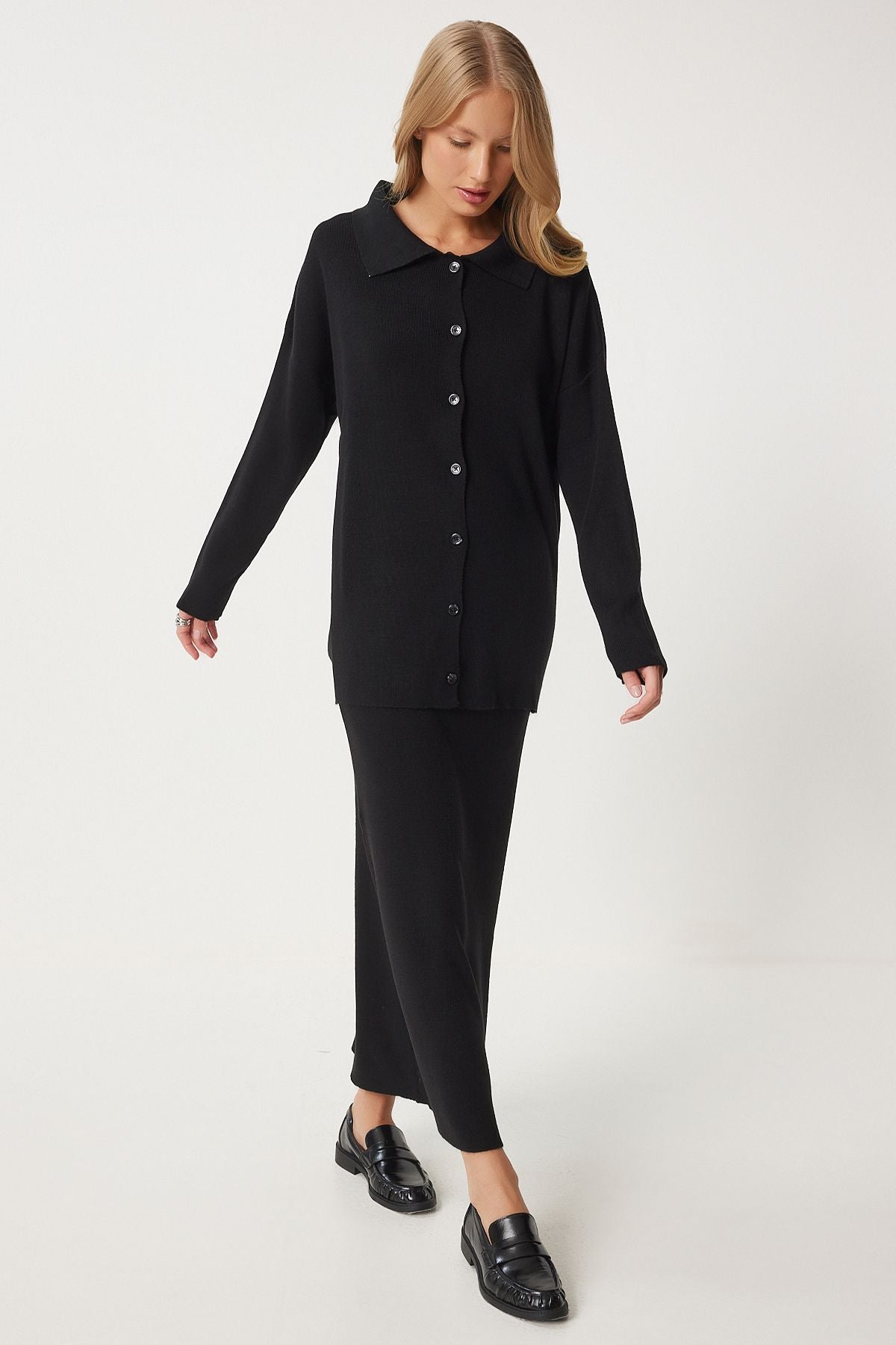 WOMEN BLACK Polo Yaka knitwear cardigan skirt set PF00090
