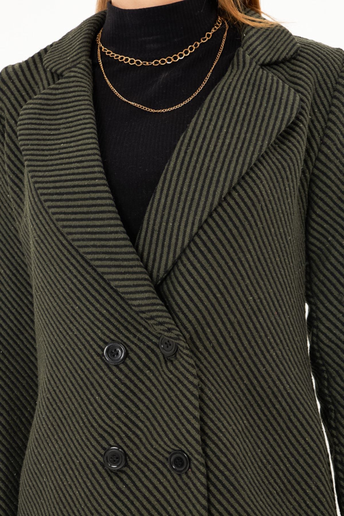 Four buttoned stamp jacket with female khaki line pattern ARM-24K001037