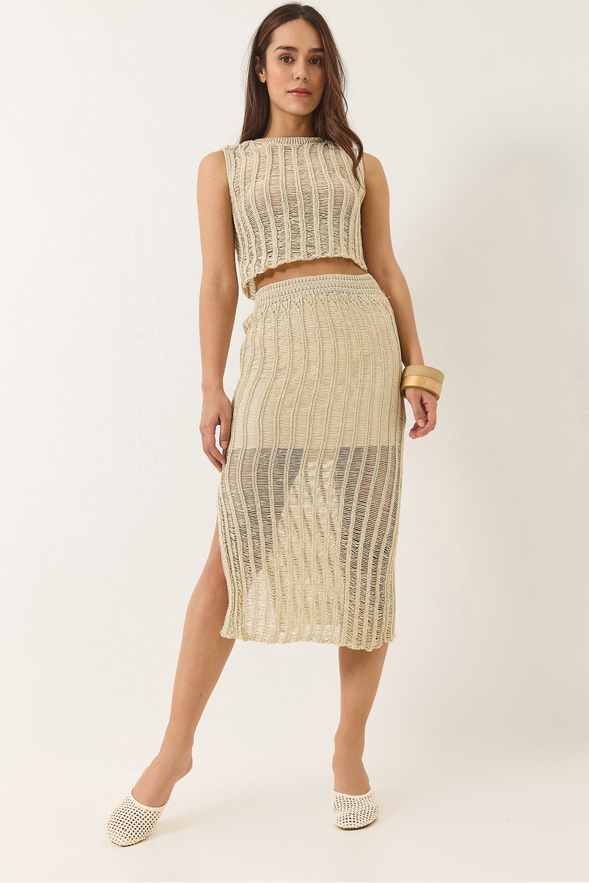 Women's Openwork Lined Slit Detailed Skirt Crop Metallic Glitter Bottom-Top Set 37086 60283145