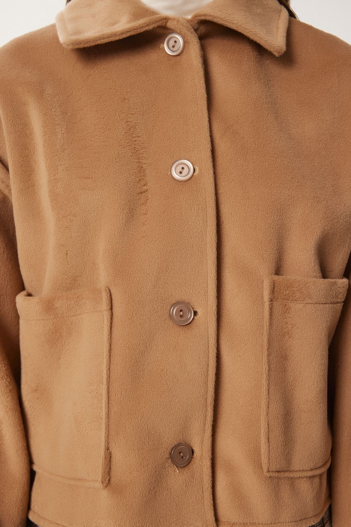 Female Camel Wide Pocket Soft Stamp Jacket FN03445