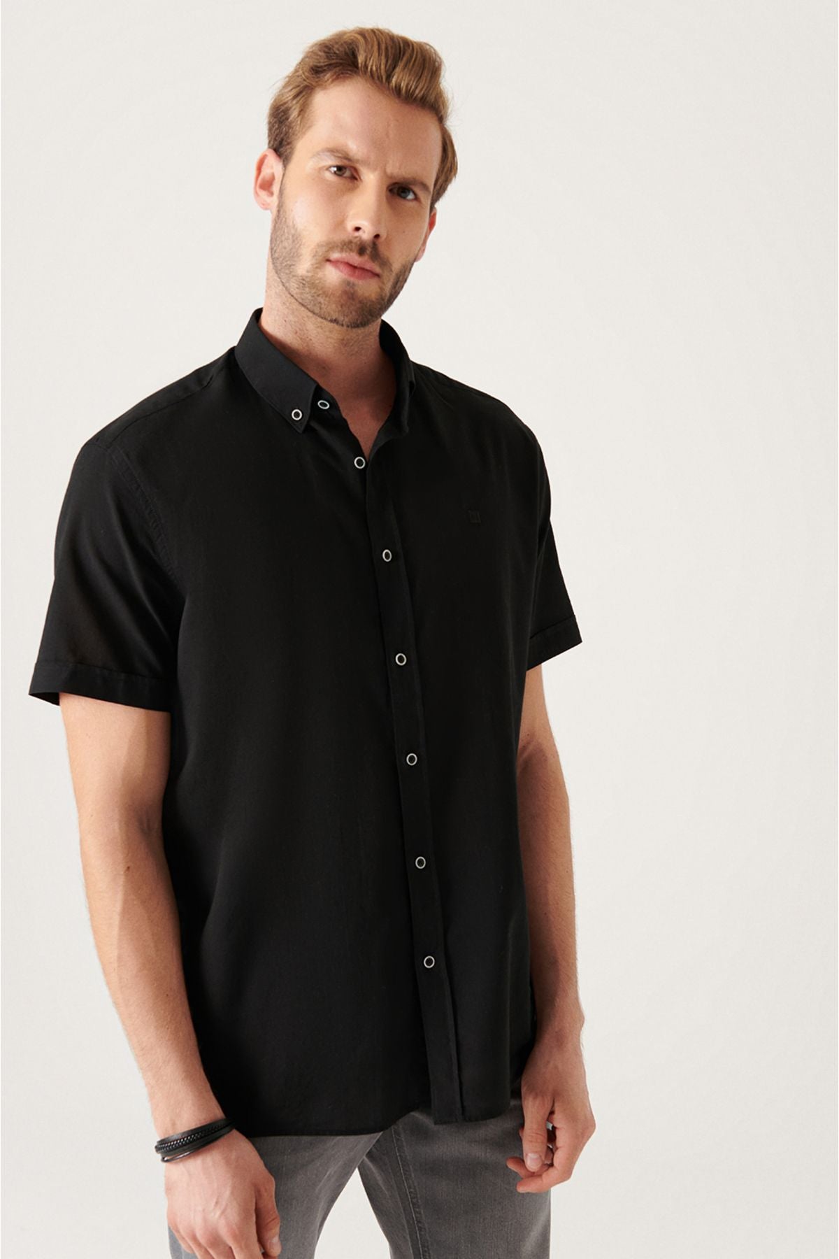 Men's black button collar 100 %Cotton Flinter short sleeve Regular Fit Shirt E002210