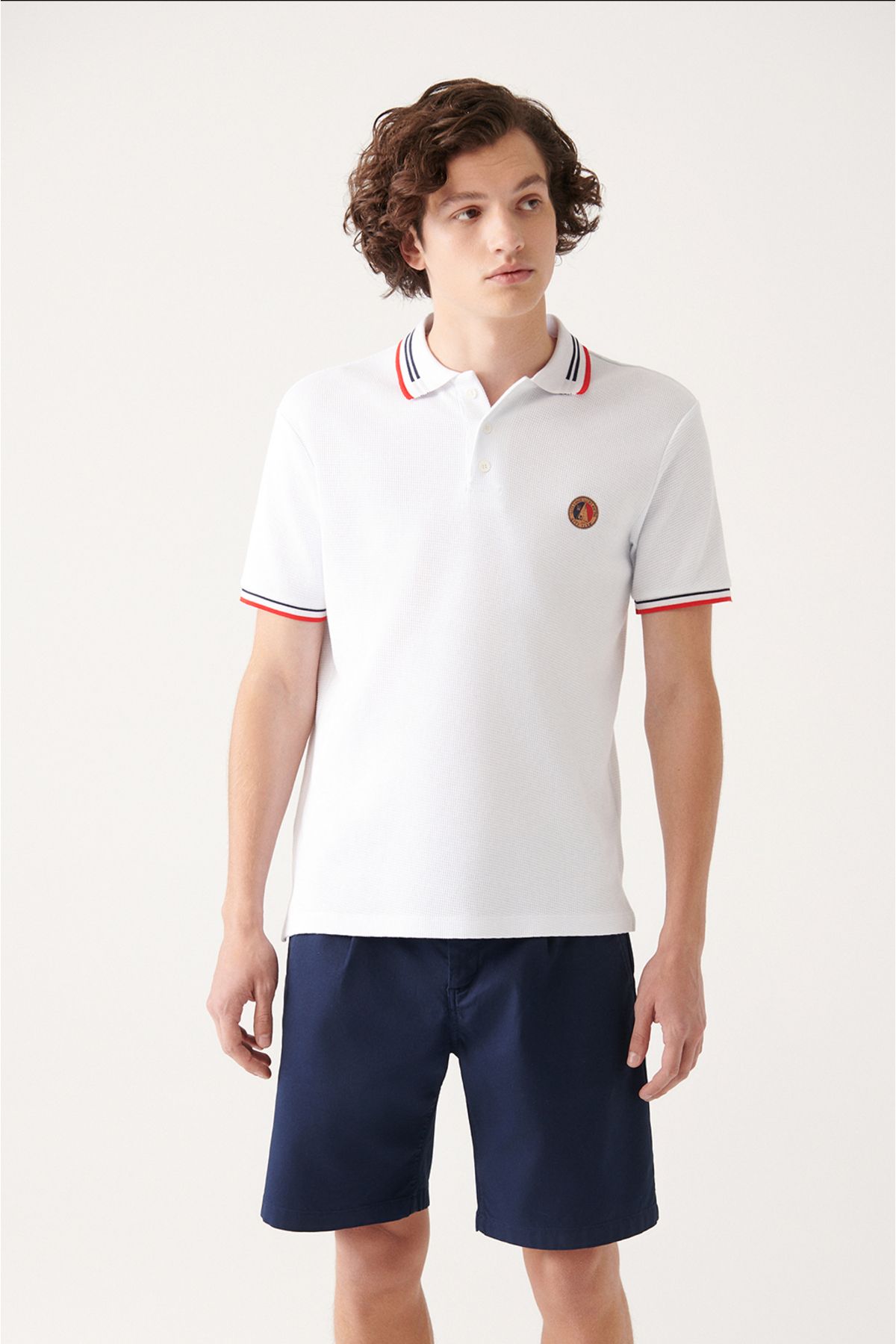 Men's White 100 %Cotton Marinated Polo Yaka T-shirt A31y1035